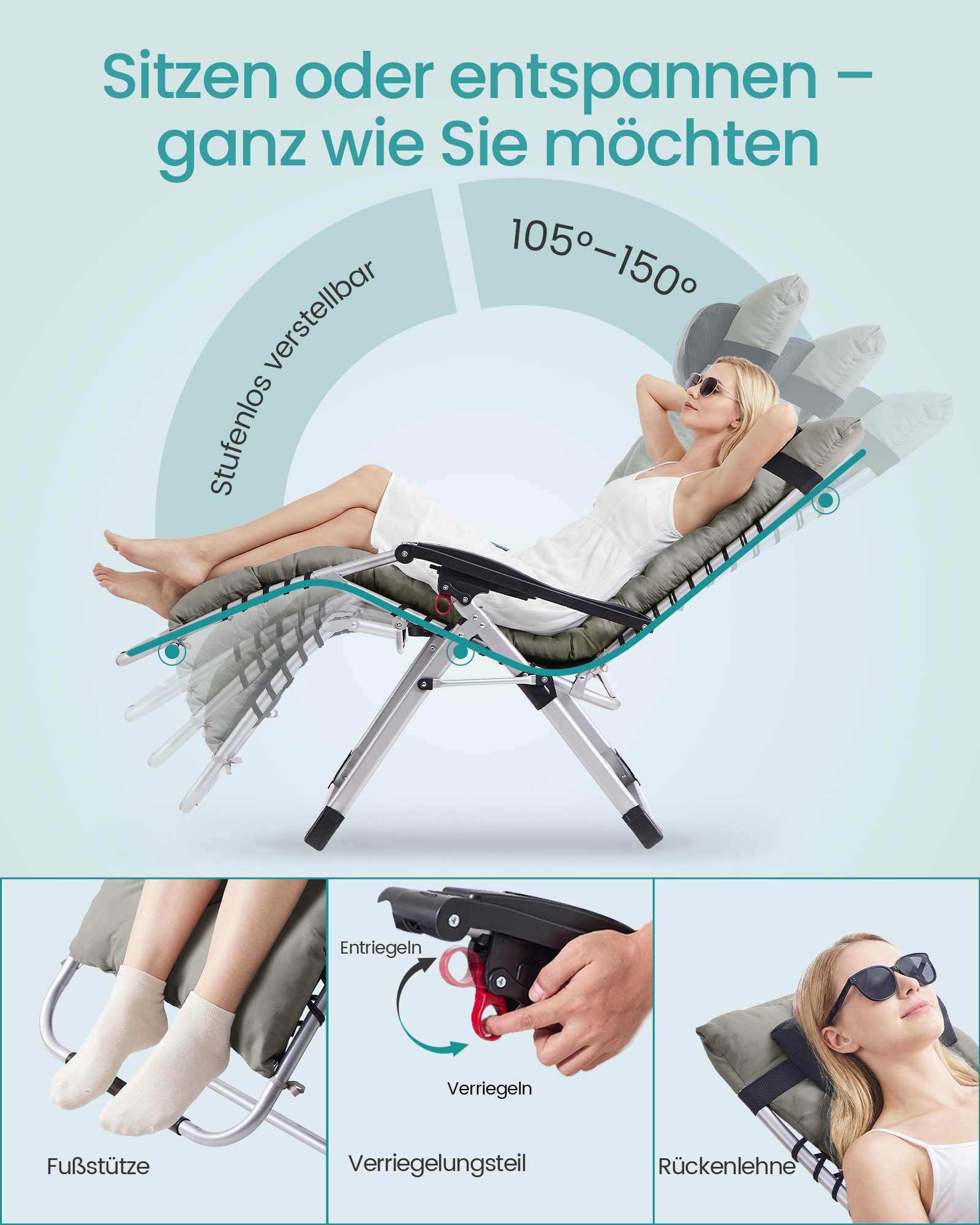 SONGMICS Gartenliege, Stufenlos einstellbare Relaxliege, mit abnehmbarem Kissen, Stahlrahmen