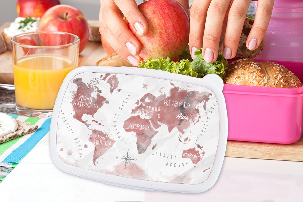 - Kunststoff - Weltkarte Brotbox Farbe Lunchbox Mädchen, Kunststoff, Brotdose MuchoWow für Snackbox, Erwachsene, Kinder, (2-tlg), rosa,