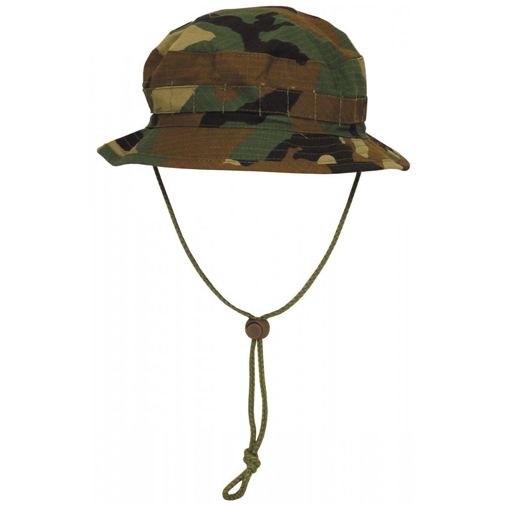 MFH Outdoorhut Brit. Buschhut, mit Kinnband, SF Boonie, Rip Stop, woodland - XL (Packung) umlaufende Schlaufen