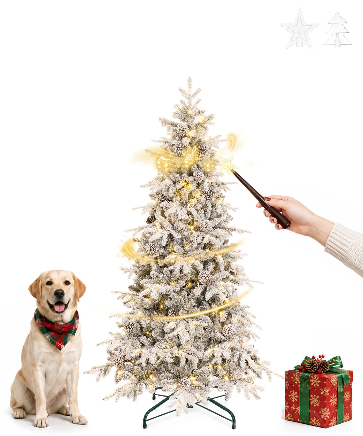 Yorbay Künstlicher Weihnachtsbaum Naturgetreuer Kunstbaum mit Schnee,Tannenzapfen und Zauberstab, 150/180/210 cm Höhen, mit Ständer, Mit 210 LEDs 788 Zweigspitzen und stabilem Kreuzständer aus Eisen