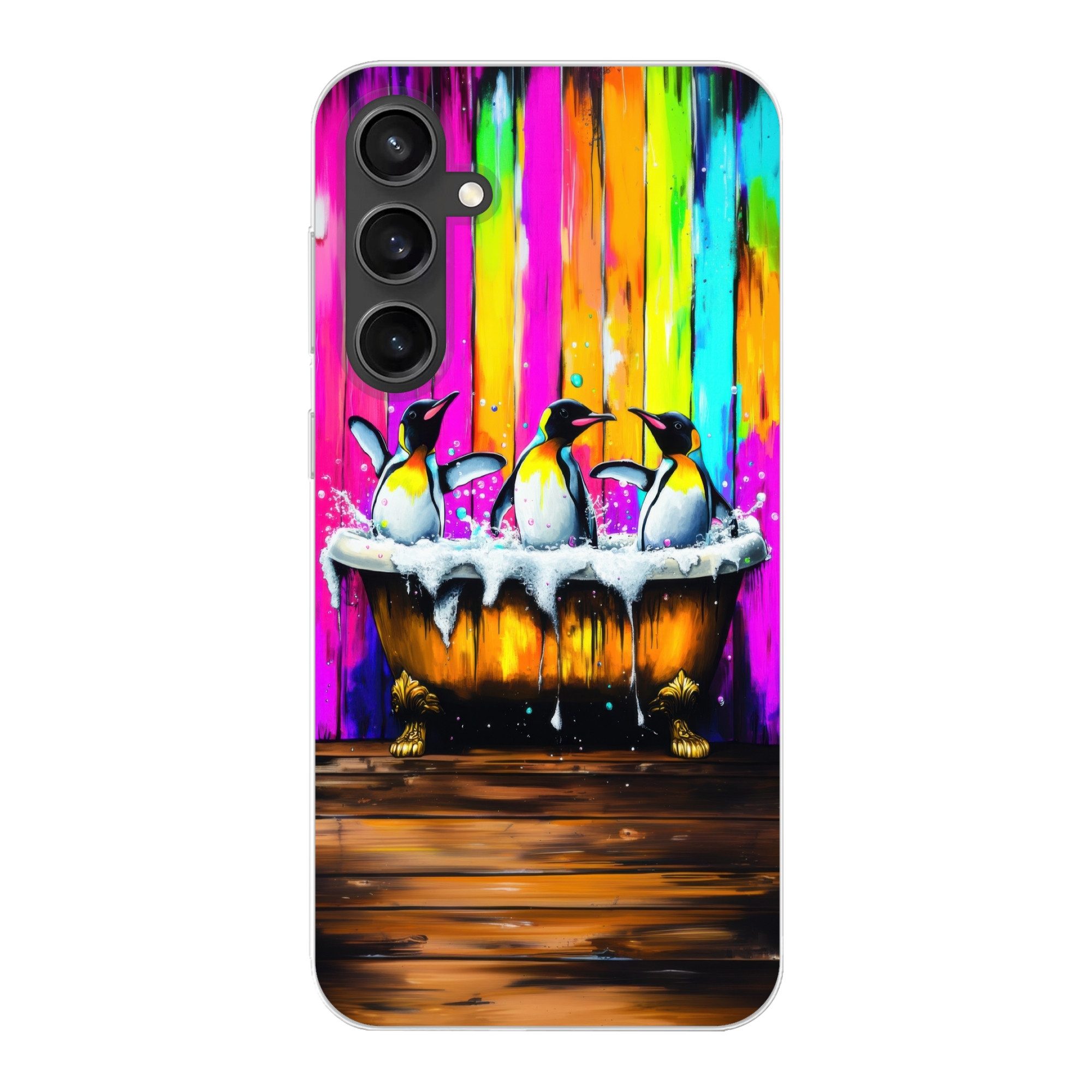 MuchoWow Handyhülle für Samsung Galaxy S23 FE Pinguine - Badewanne - Bunt - Schaumstoff