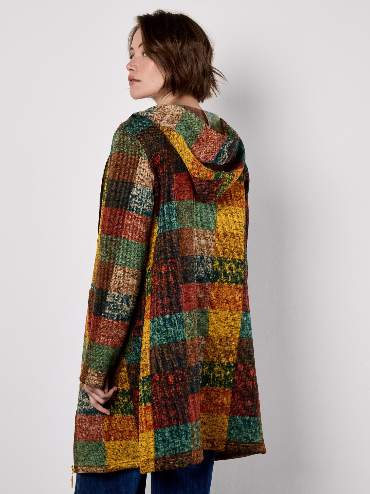 Apricot Wollmantel Cardigan-Jacke mit Kapuze, mit Patchwork-Look