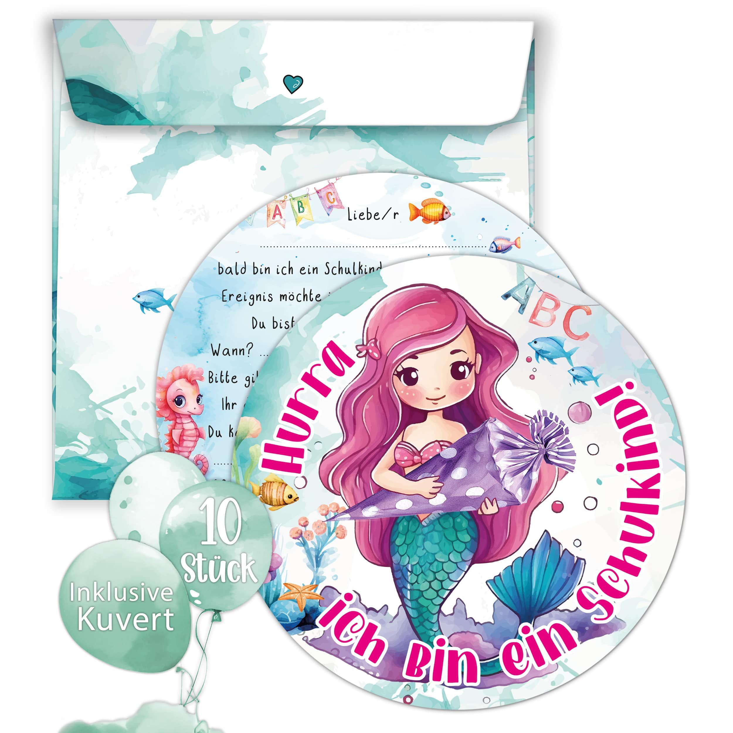 TOBJA Einladungskarten Meerjungfrau 10x Einladung Einschulung Mädchen, Einladungskarten Einschulung Schule