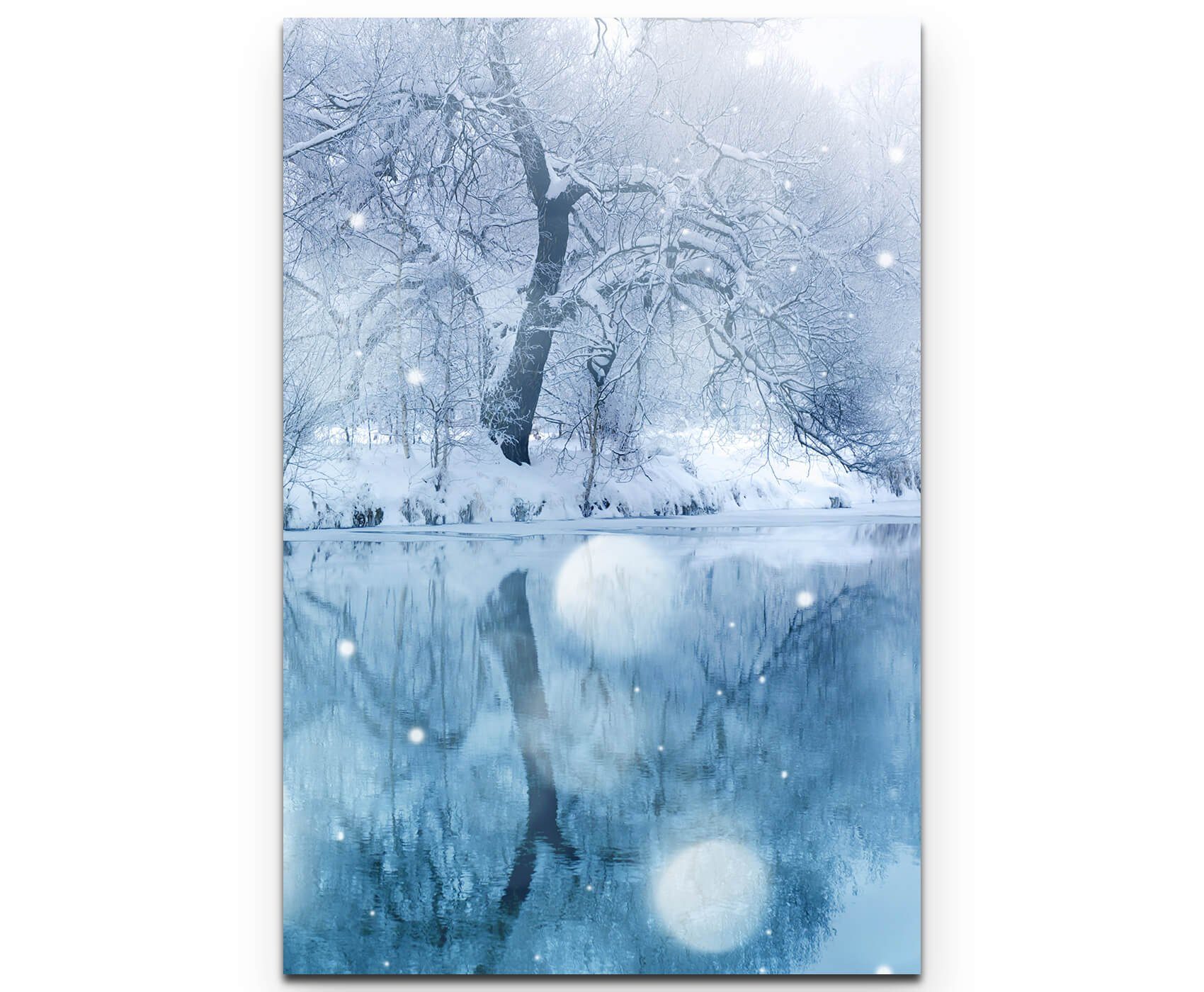 Sinus Art Leinwandbild Fotografie  Winterlandschaft mit Fluss und Schneefall - Leinwandbild