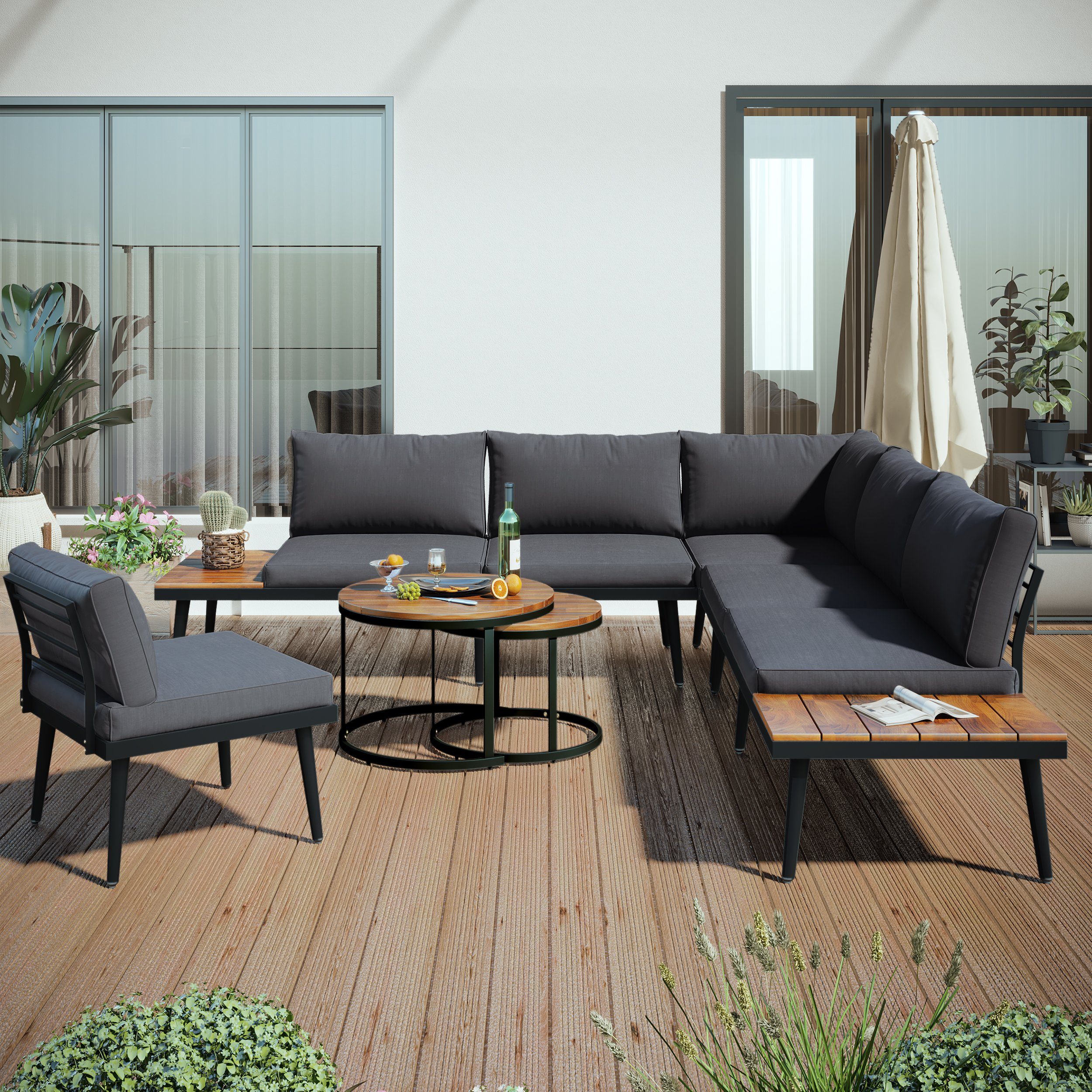 Merax Gartenlounge-Set aus Akazienholz für 6 Personen, Gartenmöbel set mit  Stahlrahmen, (6-tlg), Balkonmöbel Set, Sitzgruppe, Garten-Garnitur mit  Kissen, Lounge-Set