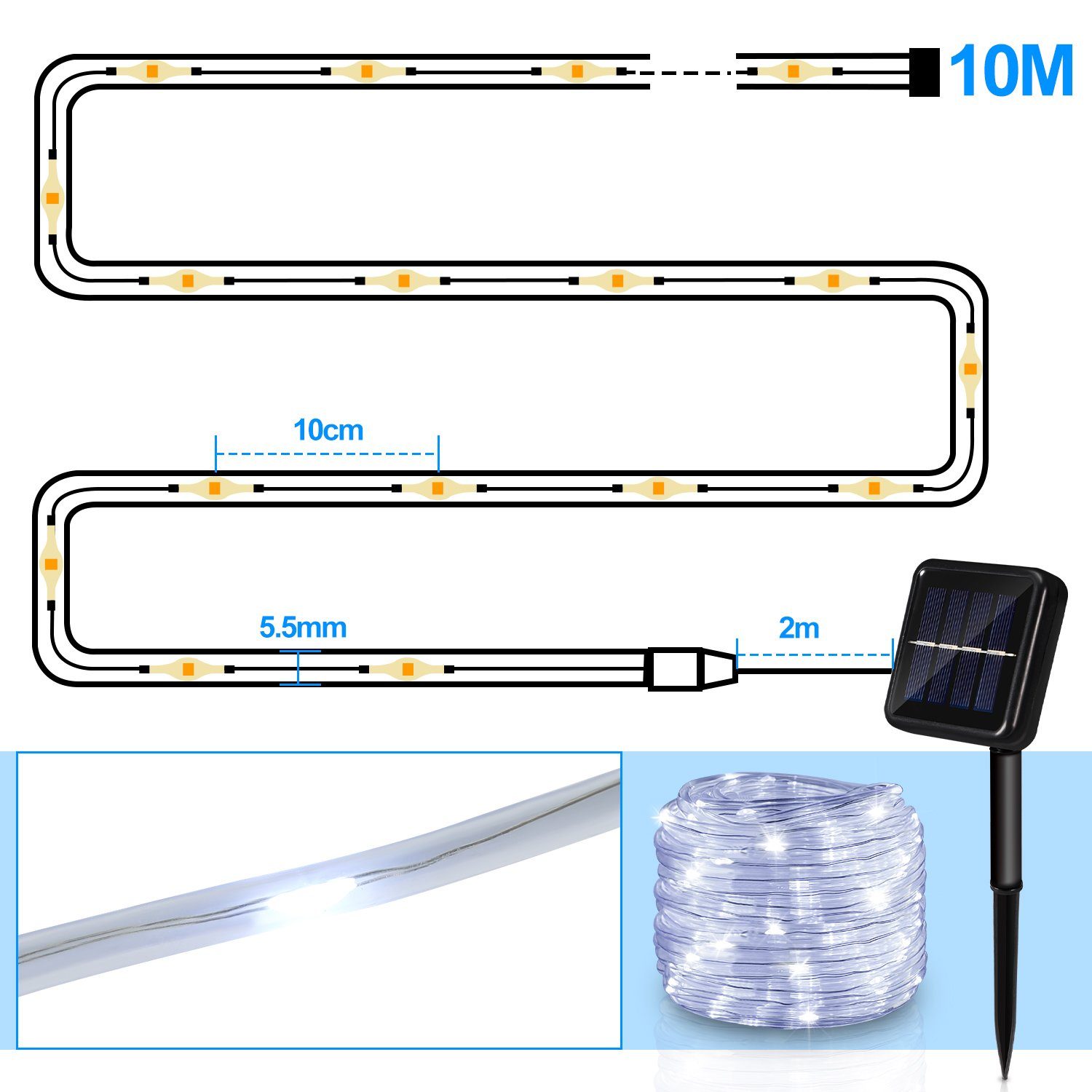 LED-Lichterschlauch Solar Solarleuchte LED LED Lospitch Solarleuchten,Kaltweiß 10m Lichterkette