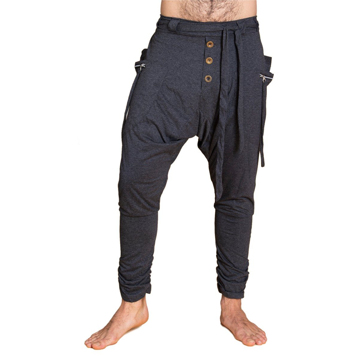 Herren bequeme Pants und aus PANASIAM meliert festem Wellnesshose Damen Unisex Baumwoll-Jersey-Stoff modische Haremshose Ch01 für Schwarz Freizeithose Baggy