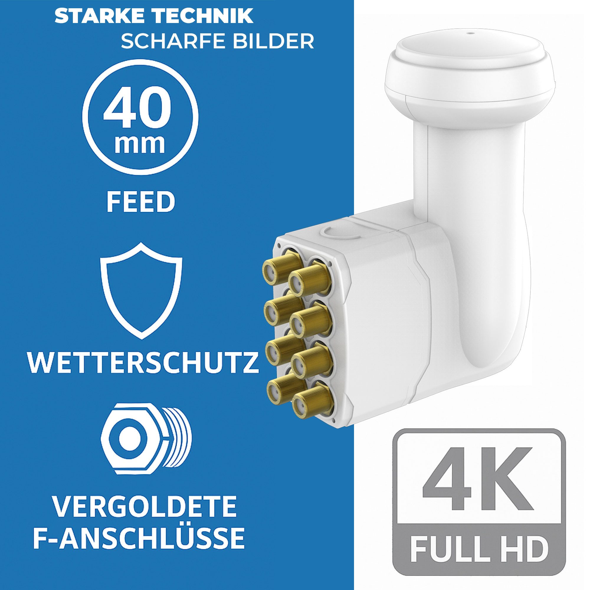 Thumbnail - PremiumX Octo LNB weiß SAT für 8 Teilnehmer DVB-S2 HD 4K inkl. 16x F-Stecker Monoblock-LNB