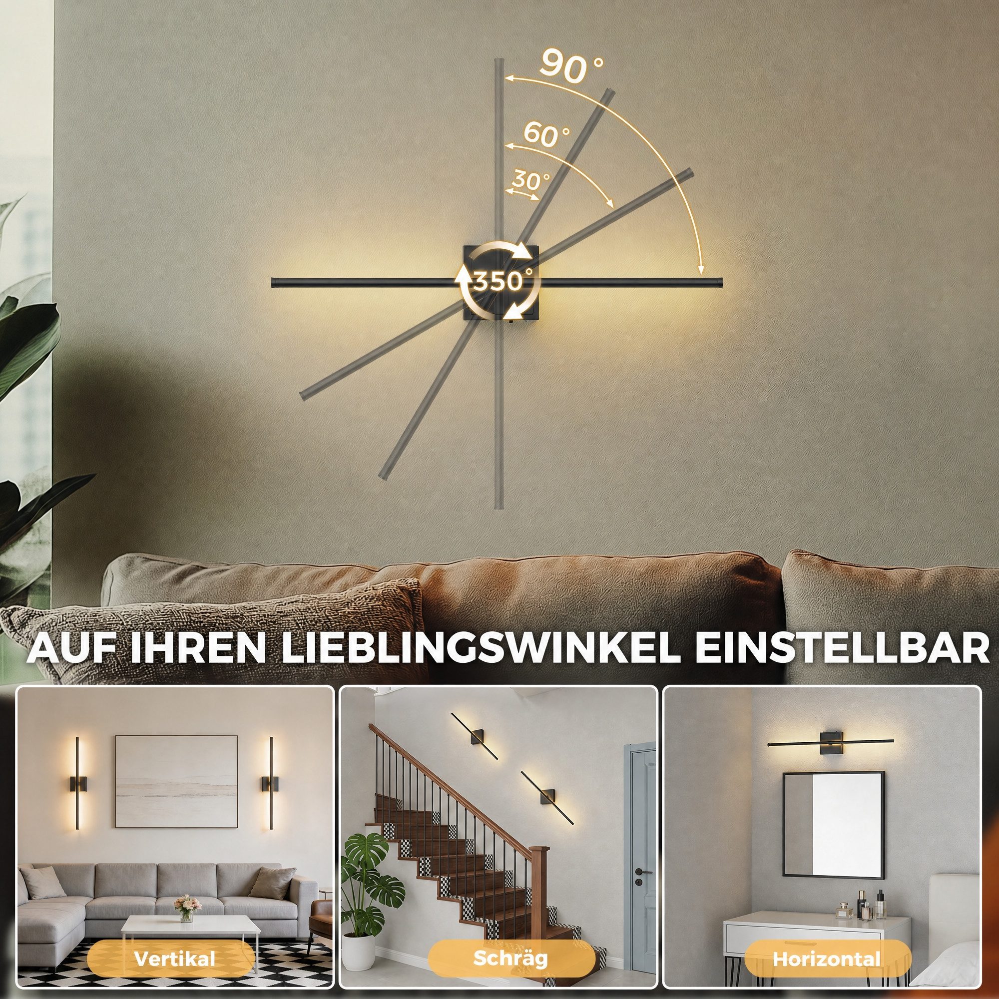 LOHAS-LED LED Wandleuchte Metall-Streifen-Stimmungslicht mit linearem Akku-Betrieb, dimmbar, LED fest integriert, Warmweiß, 2er-Set kabellose LED-Wandlampe mit 6000mAh Akku & IR-Fernbedienung