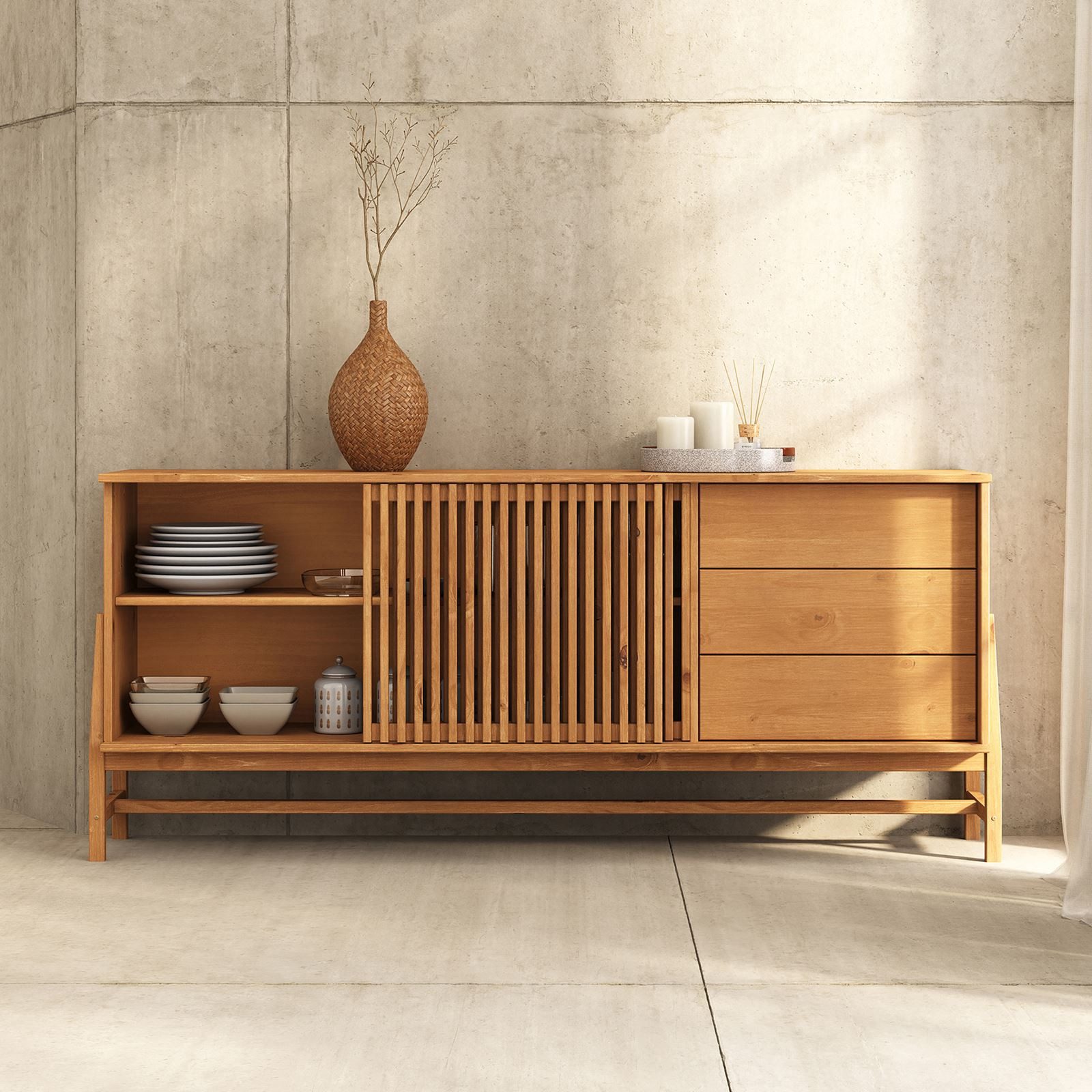 IDIMEX Sideboard ADAMO, Kommode 175 cm aus Massivholz mit Lamellenschiebetüren Eiche Finish