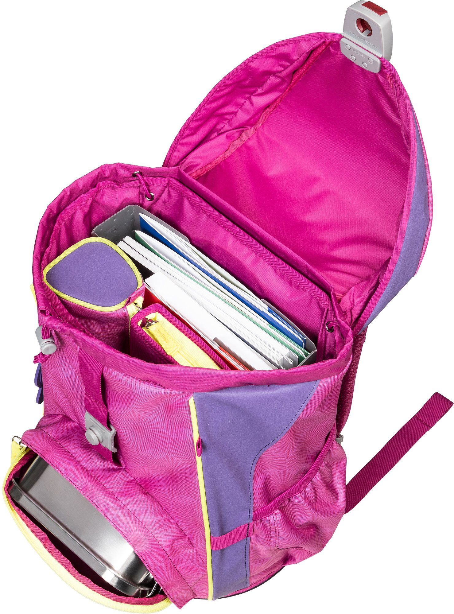 Schulrucksack Deckel (Set), Seiten & DerDieDas® Superflash Mermaid mit reflektierenden Flächen Exklusiv Front, Pink an - großen extra ErgoFlex