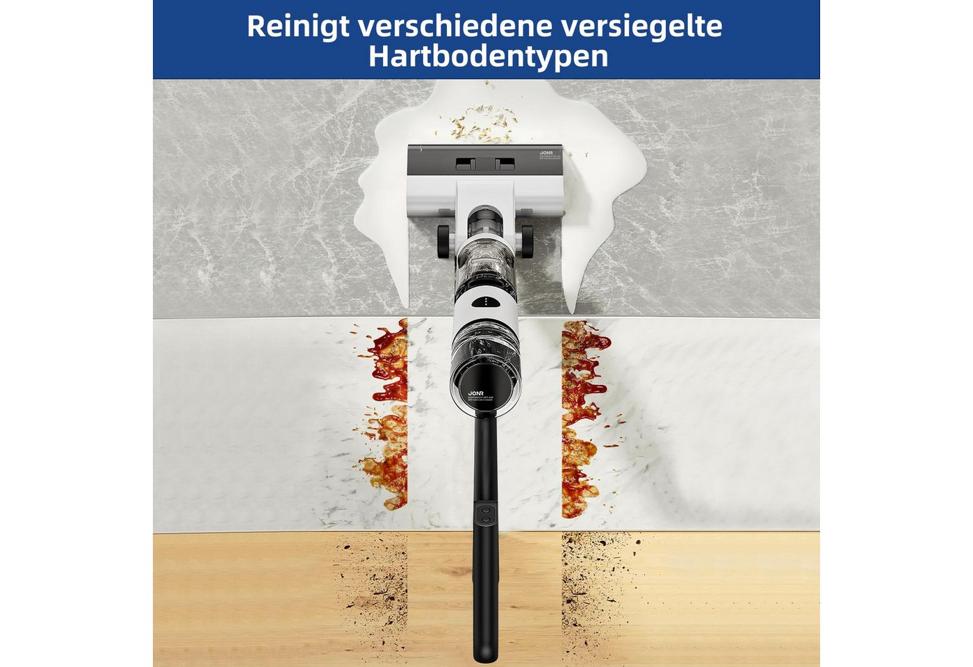 JONR Nass-Trocken-Akkusauger ED12 kabellos - 3-in-1 Wischsauger mit smarter Selbstreinigung, 200,00 W, Anti-Haarverwicklung, 200W Leistungsstarker Akku-Saugwischer für Hartböden & Tierhaare, 6mm ultranahe Kantenreinigung, 850ml großer Wassertank