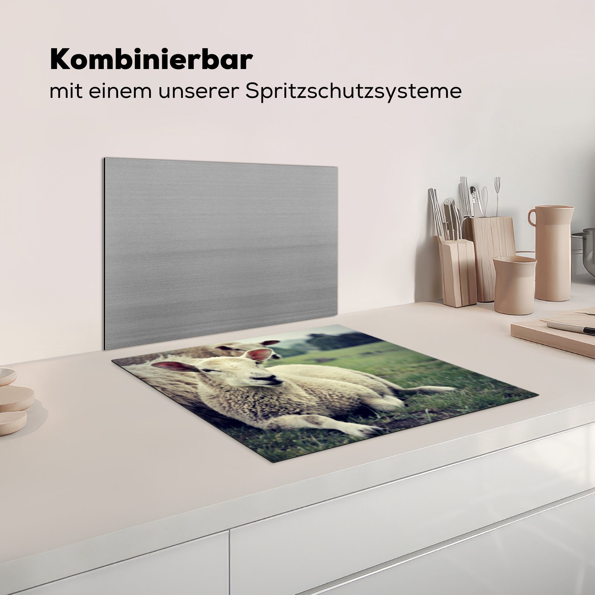 MuchoWow Ceranfeldabdeckung (1 Herdblende-/Abdeckplatte die cm, küche, tlg), - Lamm - 59x52 Induktionsmatte für Schaf Gras, Vinyl,