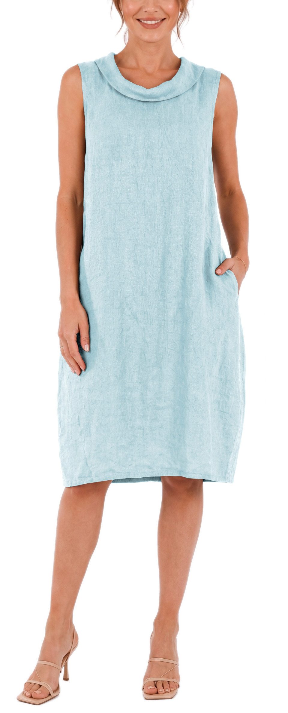 dy_mode Midikleid Damen Leinenkleid Luftiges Midi Sommerkleid Ballonkleid Strandkleid in Unifarbe, Wasserfallkragen, mit seitlichen Eingriffstaschen