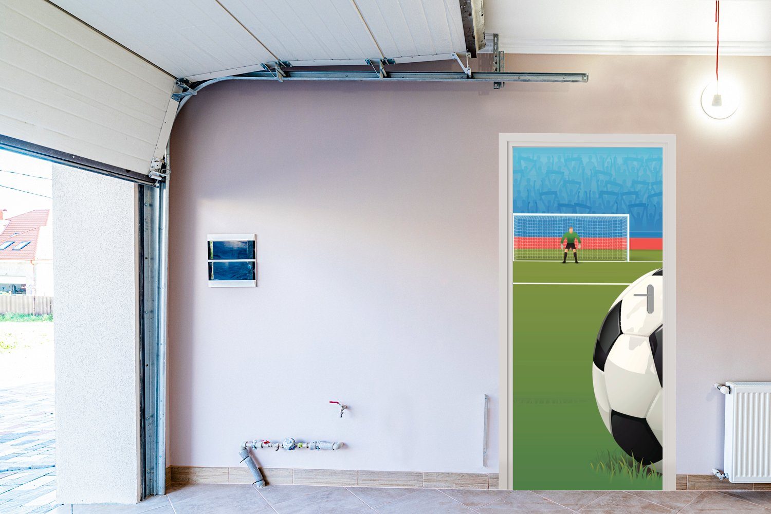 MuchoWow Türtapete Eine Illustration - Tür, Stadion dem Fußballs eines -, (1 im bedruckt, für St), Fototapete auf 75x205 cm Jungen Feld Türaufkleber, Matt