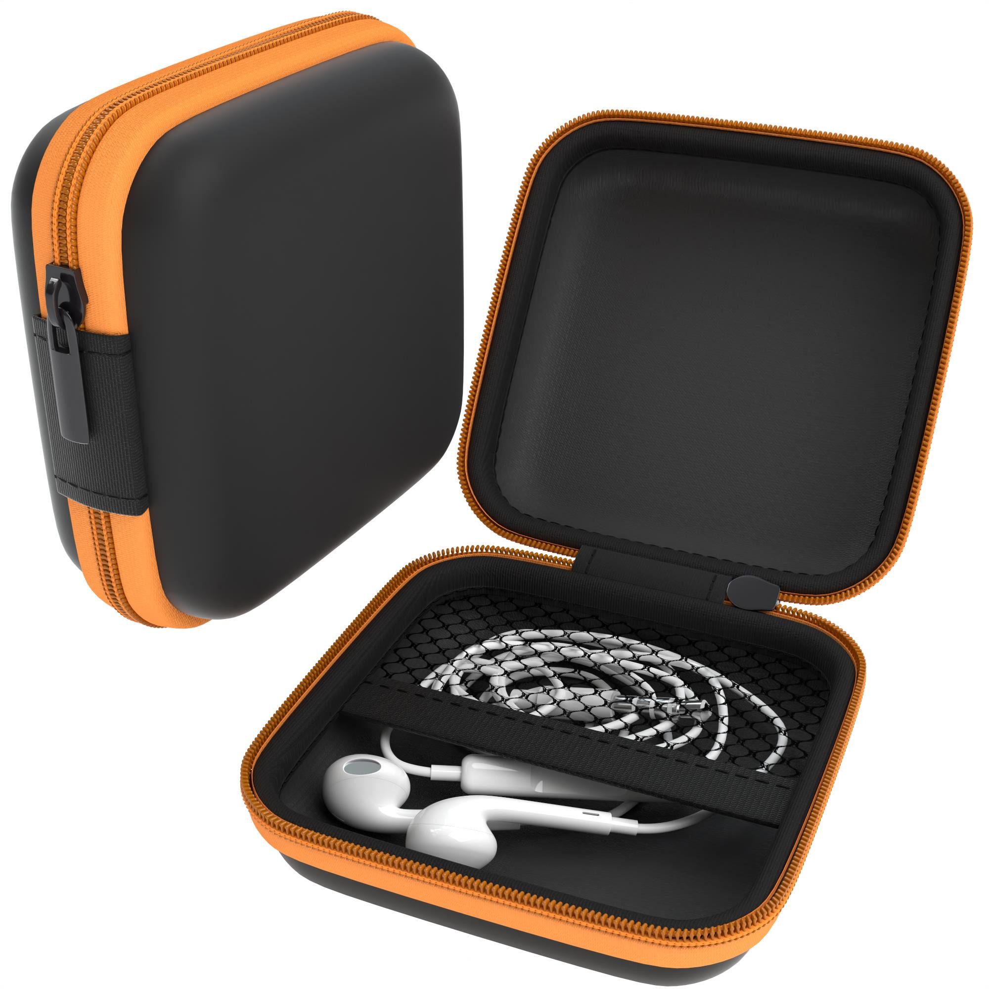 EAZY CASE Kopfhörer-Schutzhülle Universal Tasche für In-Ear Kopfhörer mit Netzfach, Cover für Kopfhörer Reißverschluss rundum Schutz Netzfach eckig Orange