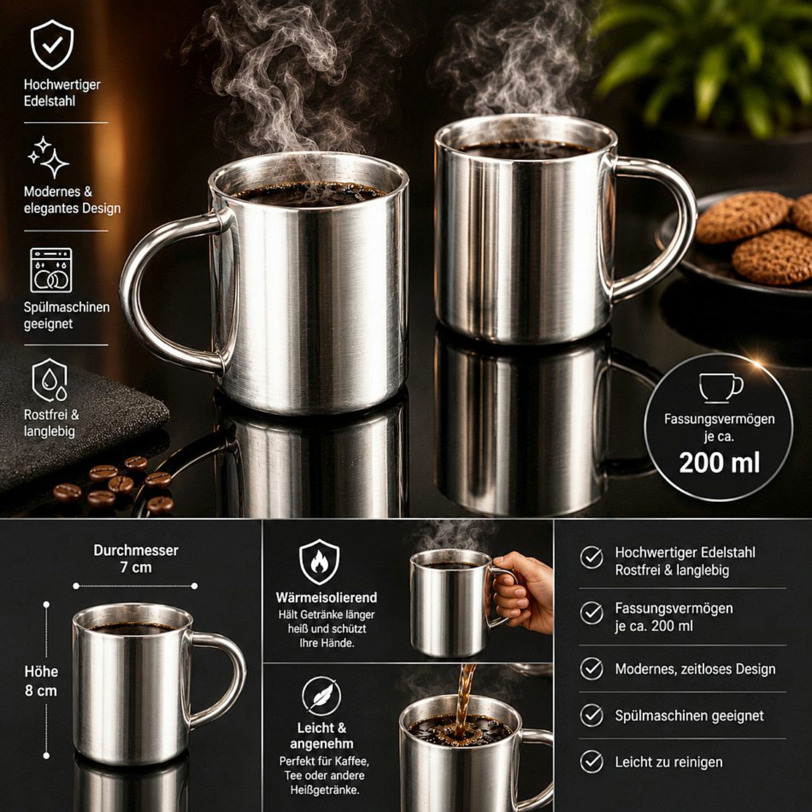 Haushalt International Tasse Kaffeetasse Kaffeebecher Campingbecher Edelstahl 4x200ml, 4-tlg., Edelstahl, 4 Stück, Doppelwandig, Edelstahl, Tragehenkel