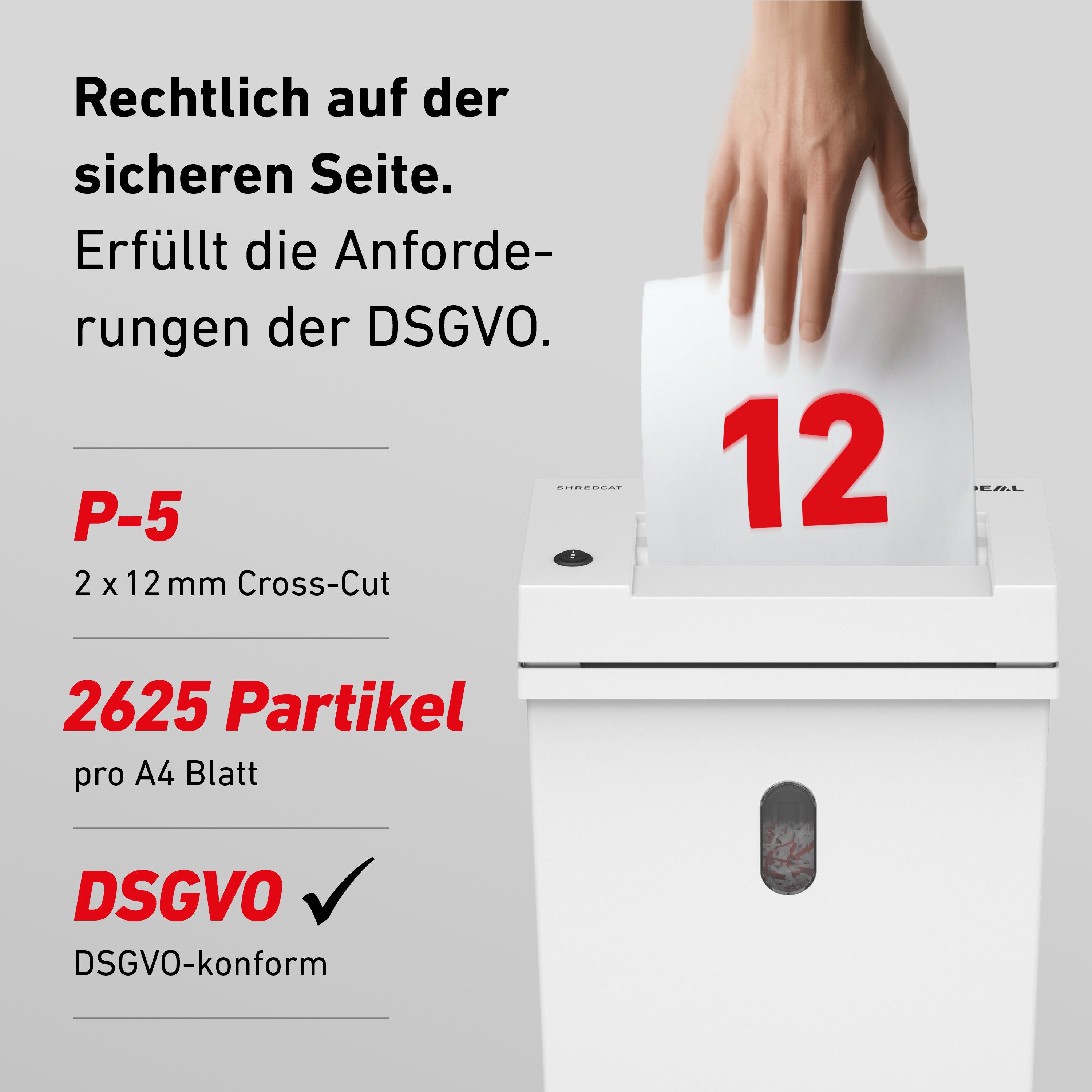 IDEAL Aktenvernichter IDEAL SHREDCAT 8200 CC, 2 x 12 mm Partikelschnitt, Sicherheitsstufe P-5, bis 12 Blatt, 21 l Auffangvolumen, DSGVO-konform