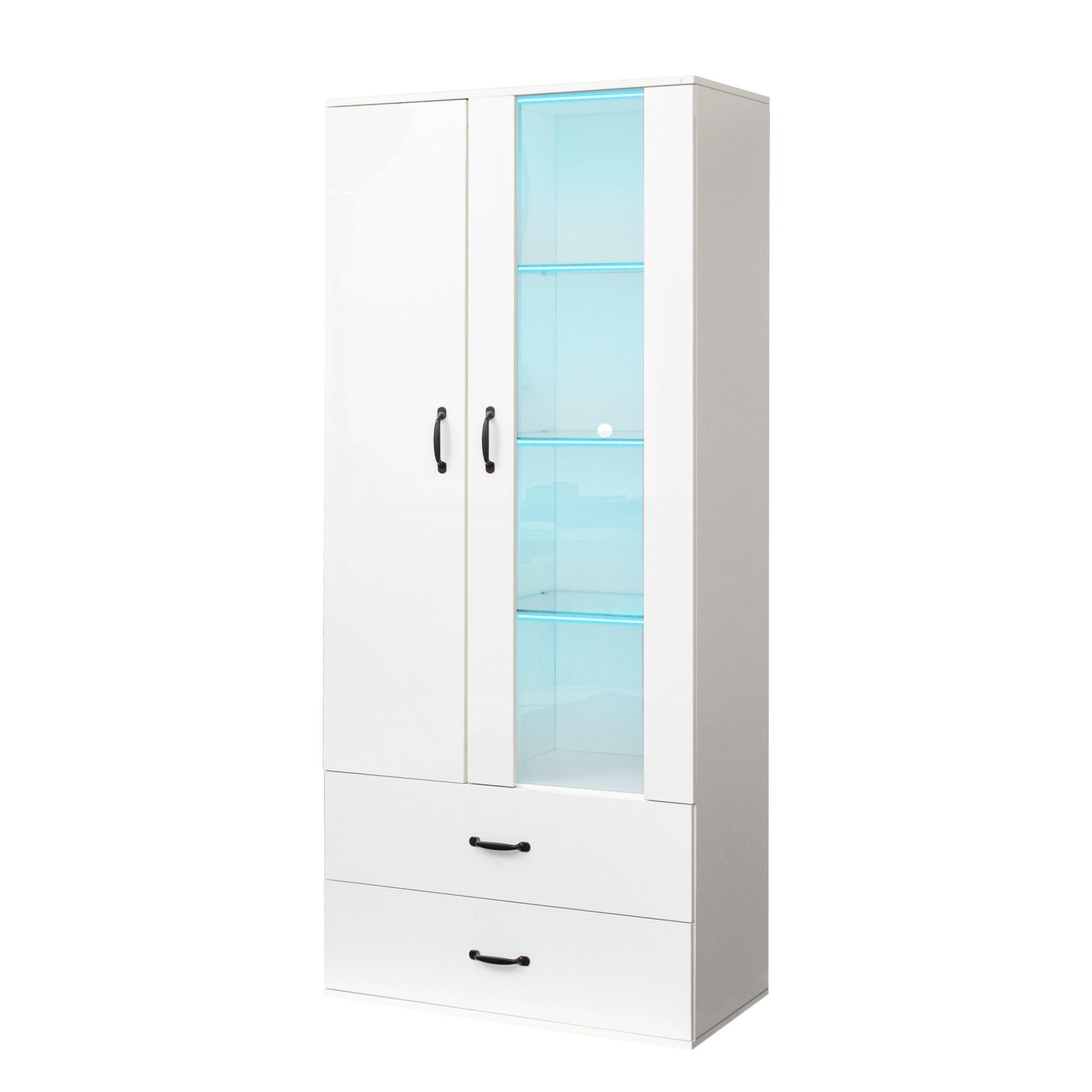 Odikalo Eckschrank Vitrine 16-LED Standregal Wohnzimmerschrank Wohnwände Hochregal Weiß