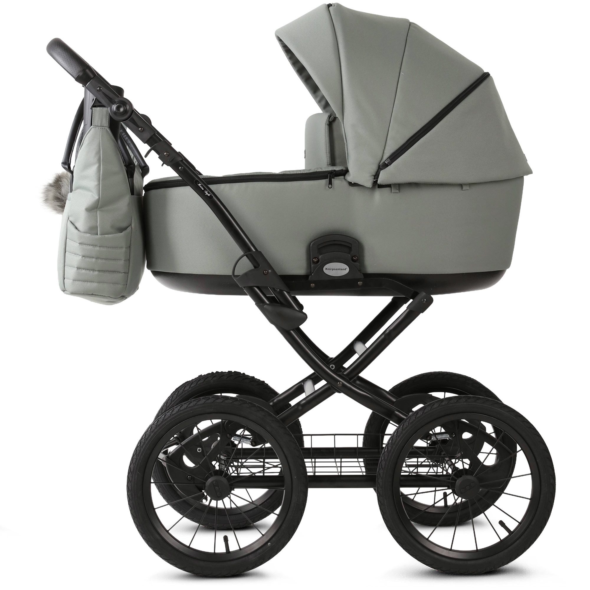 Knirpsenland Kombi-Kinderwagen Retro Style 2in1 inkl. Sportwagen, Wickeltasche & viel Zubehör, (Spar-Set), hohe Sicherheit durch One-Klick System der Kinderwagenaufsätze