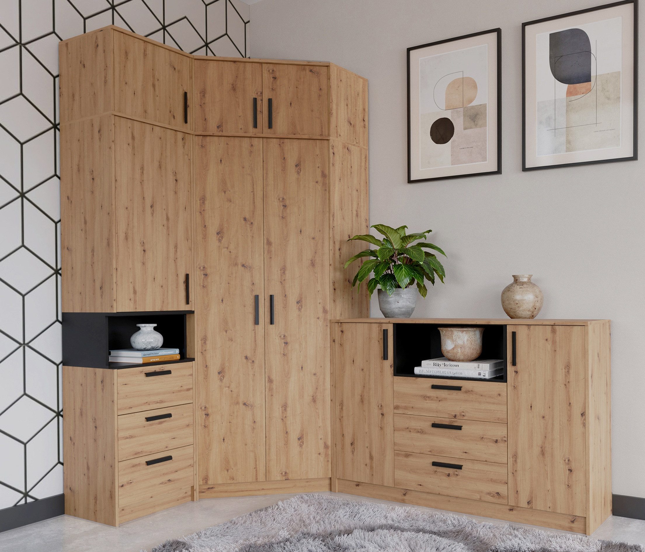 Marmex Möbel Mehrzweckschrank-Set Grant Set 36 A Schlafzimmer Jugendzimmer, (5-St., Regal, Eckschrank, Kommode, zwei Schrankaufsätze), Soft-Close-Scharniere, Vollauszug der Schubladen