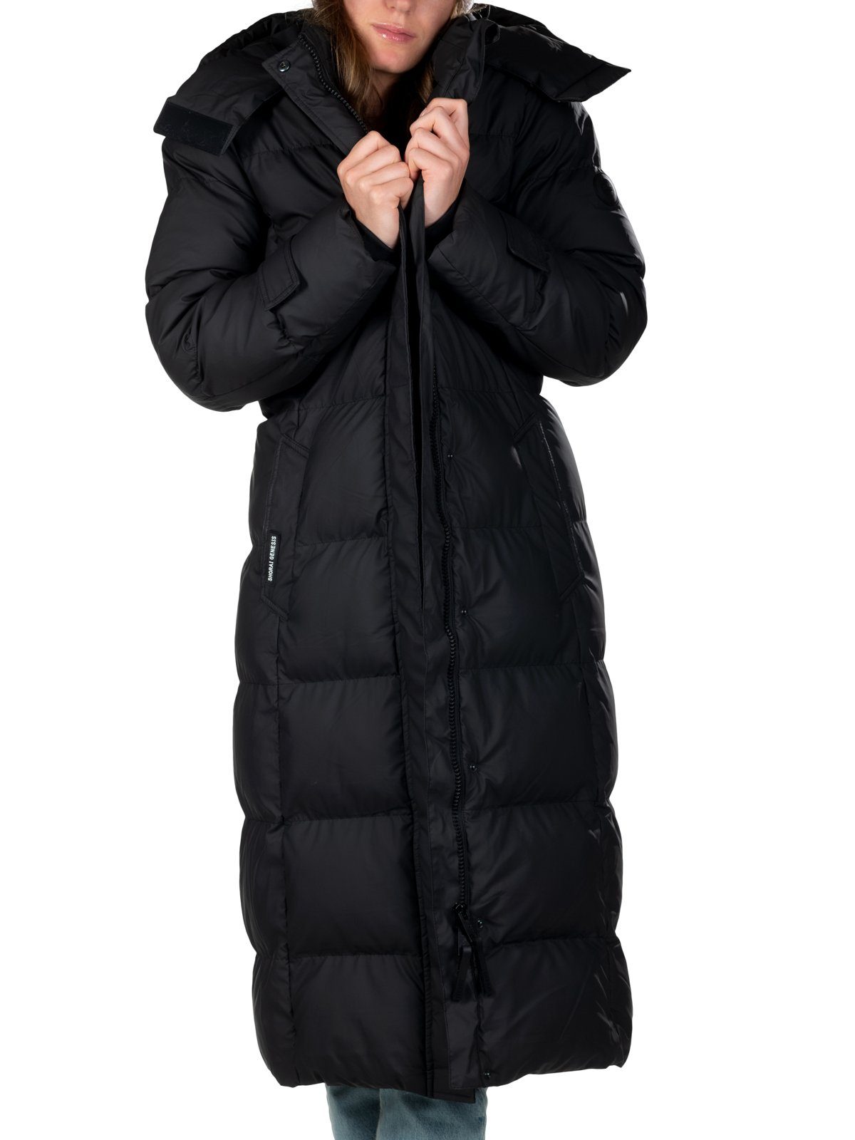 Shorai Steppjacke Steppmantel lang mit Gürtel SH2304.601 schwarz, mit abnehmbarer Kapuze und seitlichen Gehschlitzen