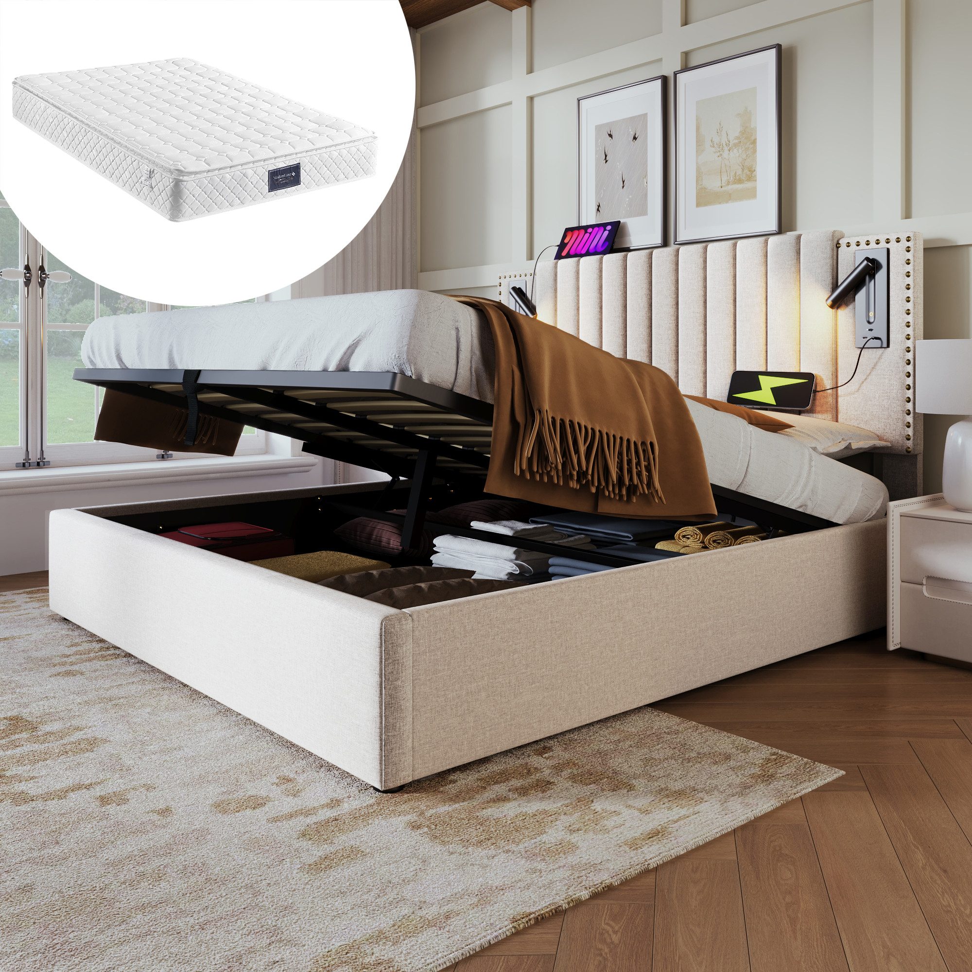 HAUSS SPOLE Polsterbett 140x200 Leselicht mit USB Ladefunktion Kopfteil, Be günstig online kaufen