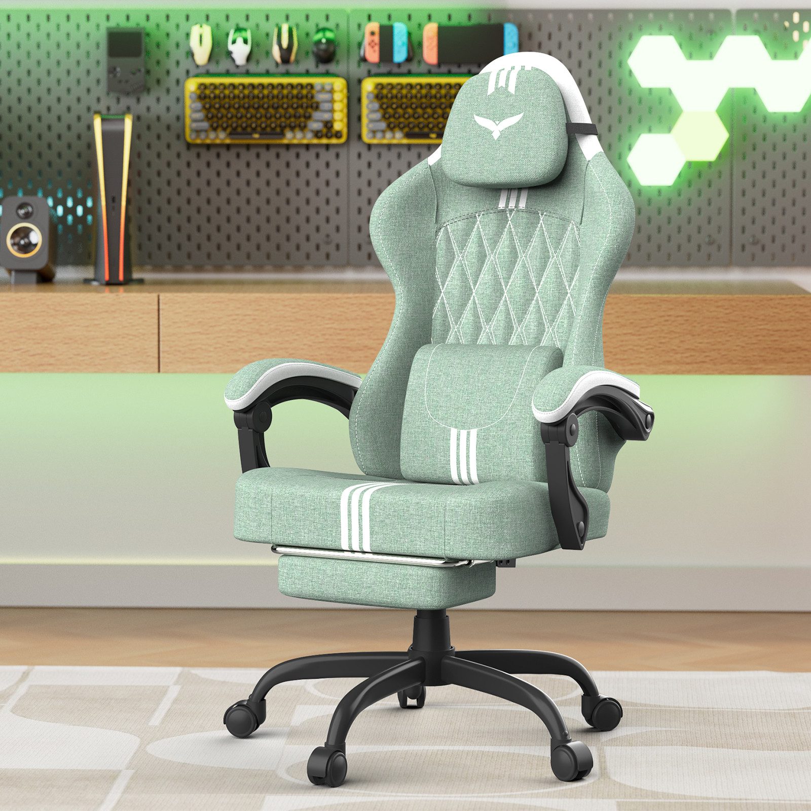 Huracan Gaming-Stuhl Gaming Chair mit Massagefunktion Kopfstütze & Fußstütze, (Gamer Stuhl,Gaming Sessel), Verstellbare Rückenlehne 90-135°,Höhenverstellbar – Bild 3 von 5