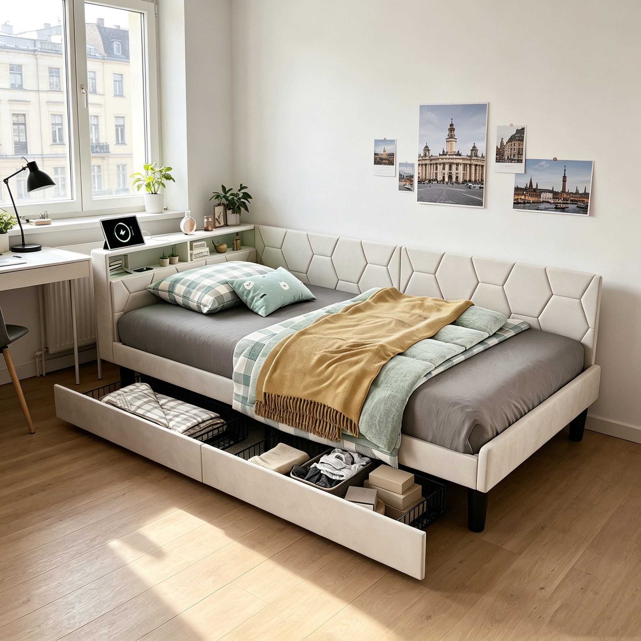 Simurq Daybed Tagesbett 90x200 mit Schubladen, Gästebett, Jugendbett, Polsterbett, Mit Lattenrost, USB Port & LED, samt, L-Form