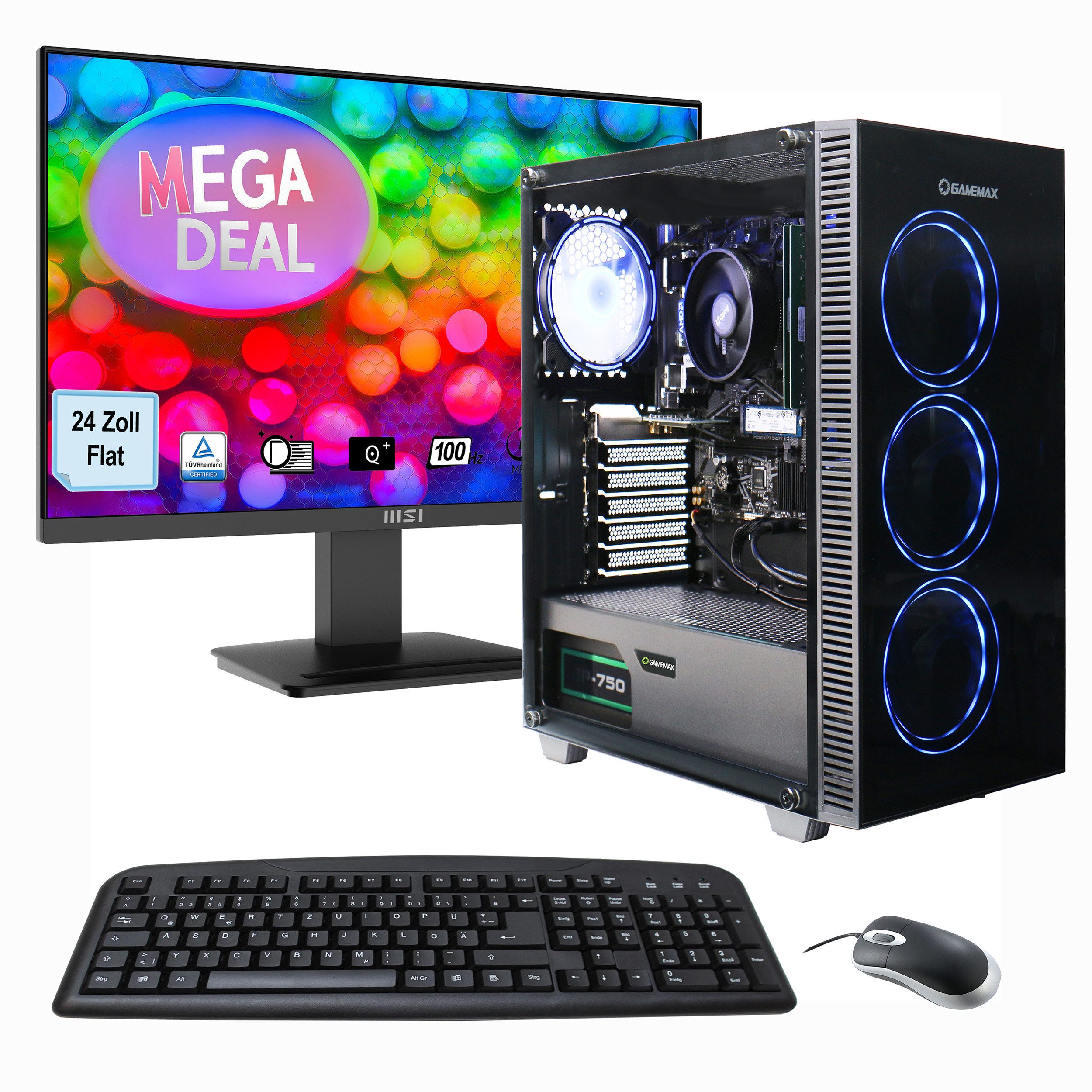 GAMEMAX MegaDeal Gaming-PC-Set Draco XD PC-Komplettsystem (24", AMD Ryzen 5 5500, GeForce RTX 4060, 32 GB RAM, Windows 11 + MSI PRO MP2412DE Monitor 60cm (24) + Maus & Tastatur)