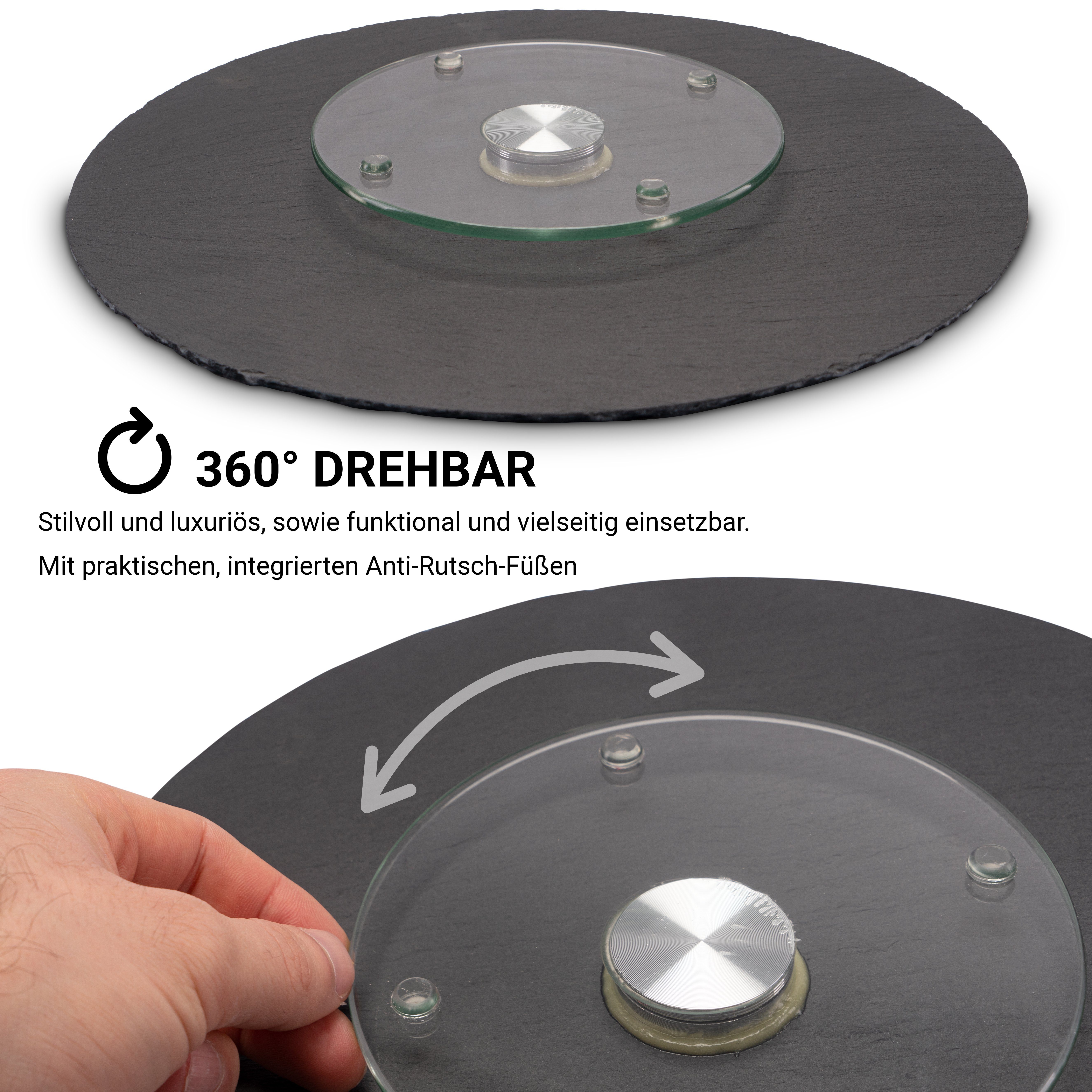 Fino Casa Kuchenplatte Fino Casa drehbare Schieferplatte rund als Servierplatte Kuchenplatte, Schiefer, (1x drehbare Schieferplatte rund Ø 30 cm), Schiefer, Kuchenplatte, Käseplatte, Antipasti Wurstplatte Tortenplatte