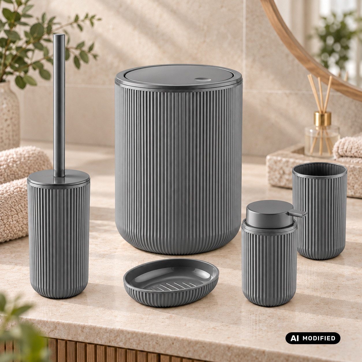 axentia Badaccessoire-Set Bad-Set Badezimmerset Badezimmer-Ausstattung, 5-teiliges Badset, Kosmetikeimer Seifenschale Seifenspender WC-Bürste Zahnputzbecher – Bild 3 von 5