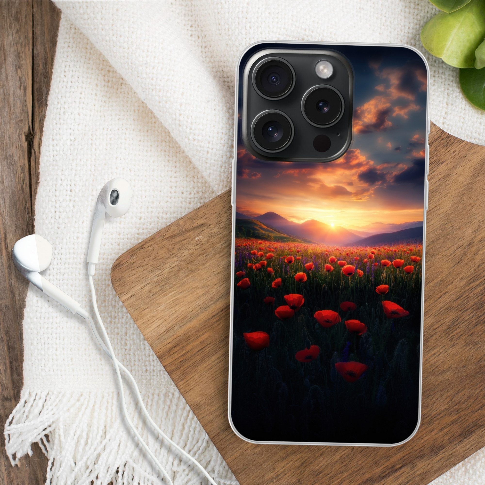 MuchoWow Handyhülle für Apple iPhone 15 Pro Landschaft - Sonnenuntergang - Blumenfeld, Smartphone-Bumper, Print, Handy Schutzhülle Dünn
