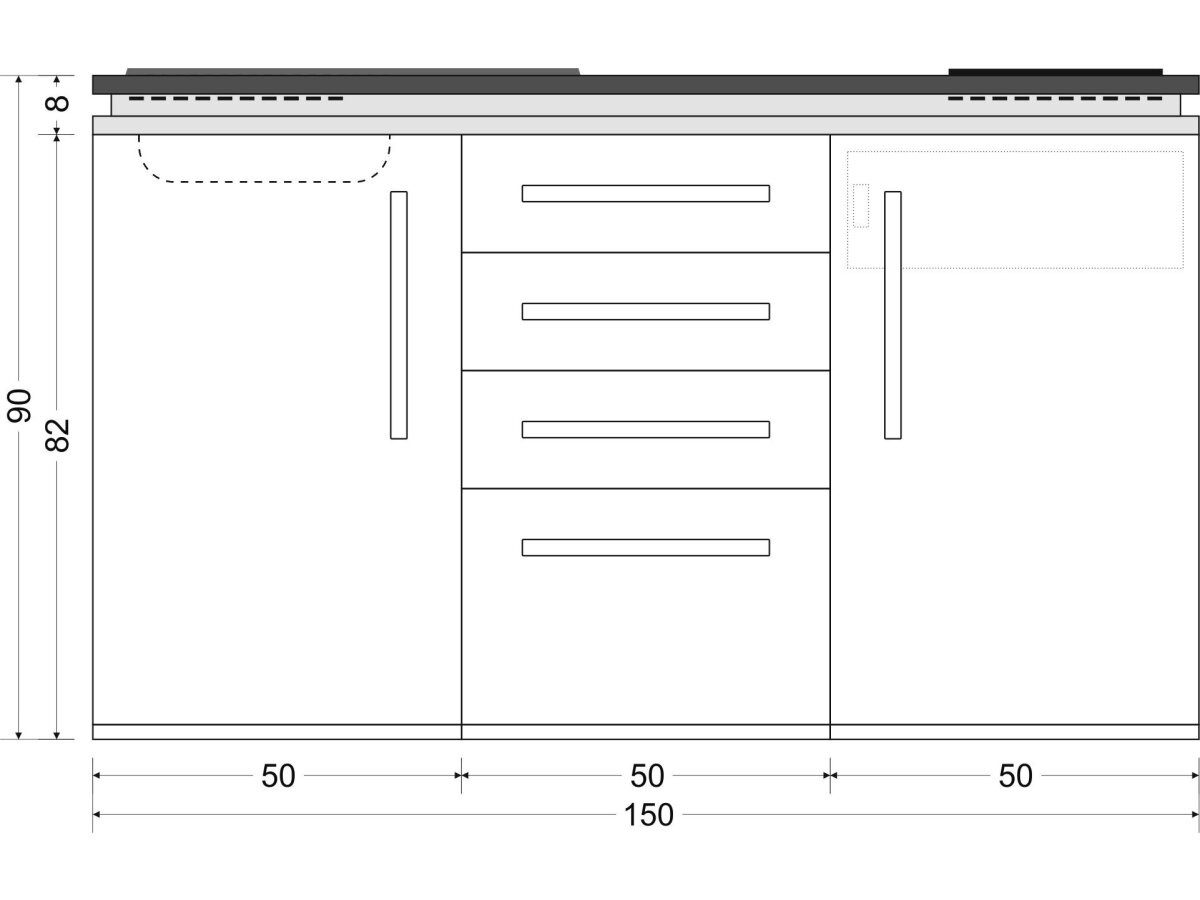 Stengel Küchenzeile 150 cm LUCA Küchenblock aus Metall mit E-Geräten, Singleküche, Küchenblock mit Spüle, E-Geräten: Kühlschrank, Induktionskochfeld