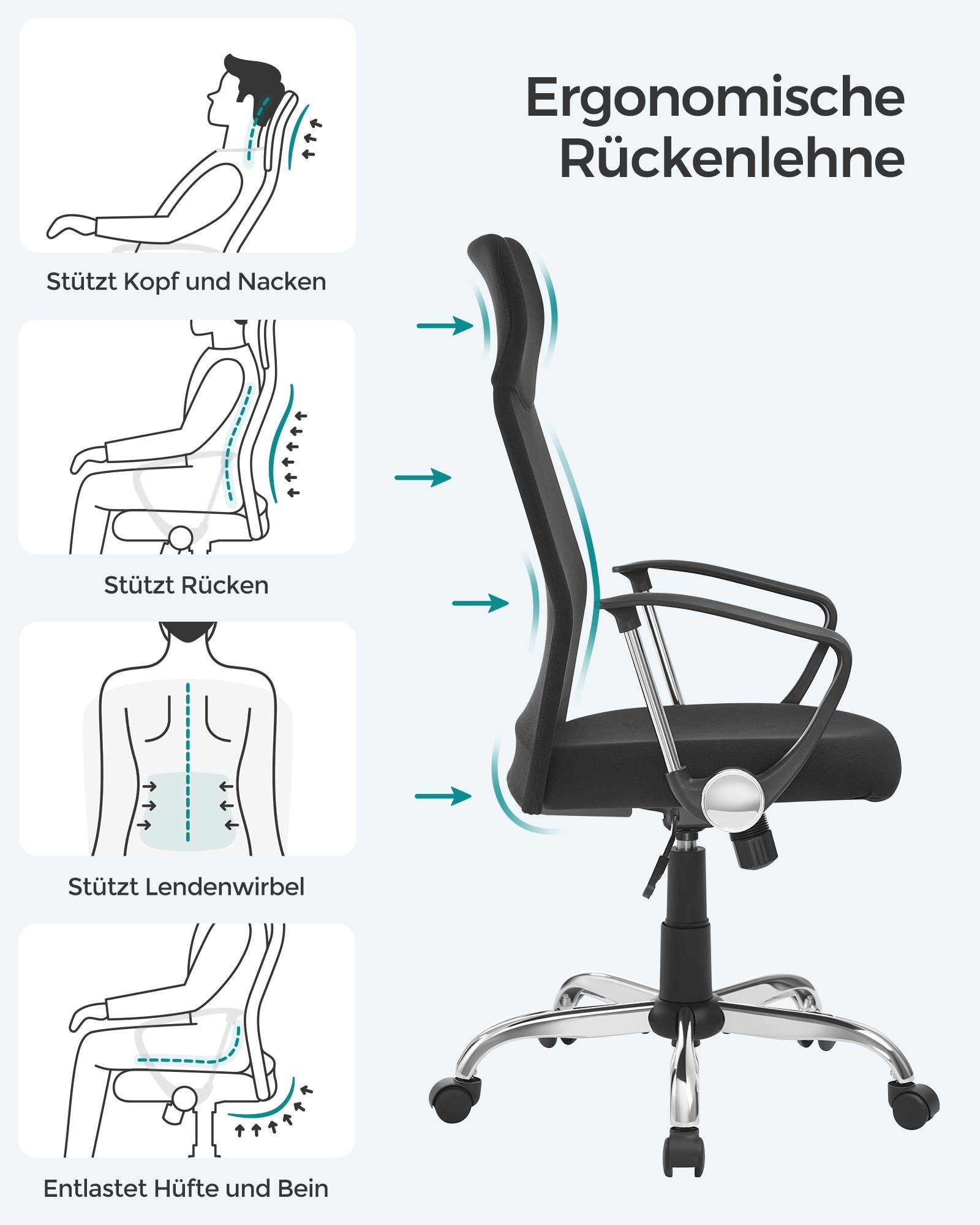 SONGMICS Bürostuhl ergonomischer Schreibtischstuhl, bis 120 kg belastbar (2 St), mit gepolstertem Sitz, höhenverstellbar und neigbar, 2er Set – Bild 3 von 5