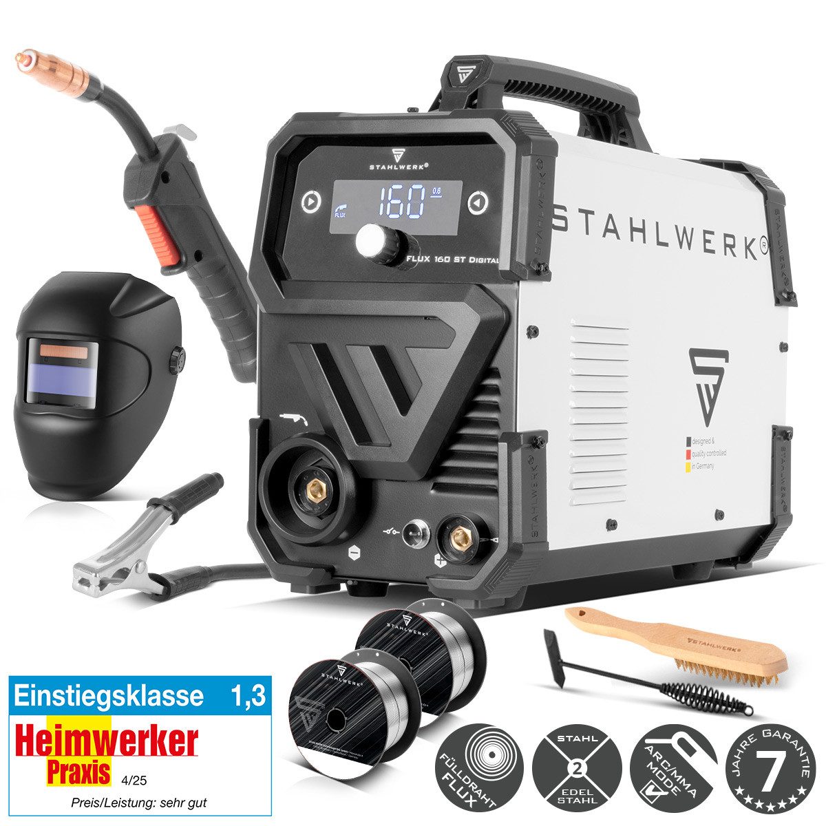 STAHLWERK Fülldrahtschweißgerät Schweißgerät FLUX 160 ST Digital mit 160 A, 40 - 160 A, Packung, 1-tlg., Vollausstattung, synergischem Drahtvorschub