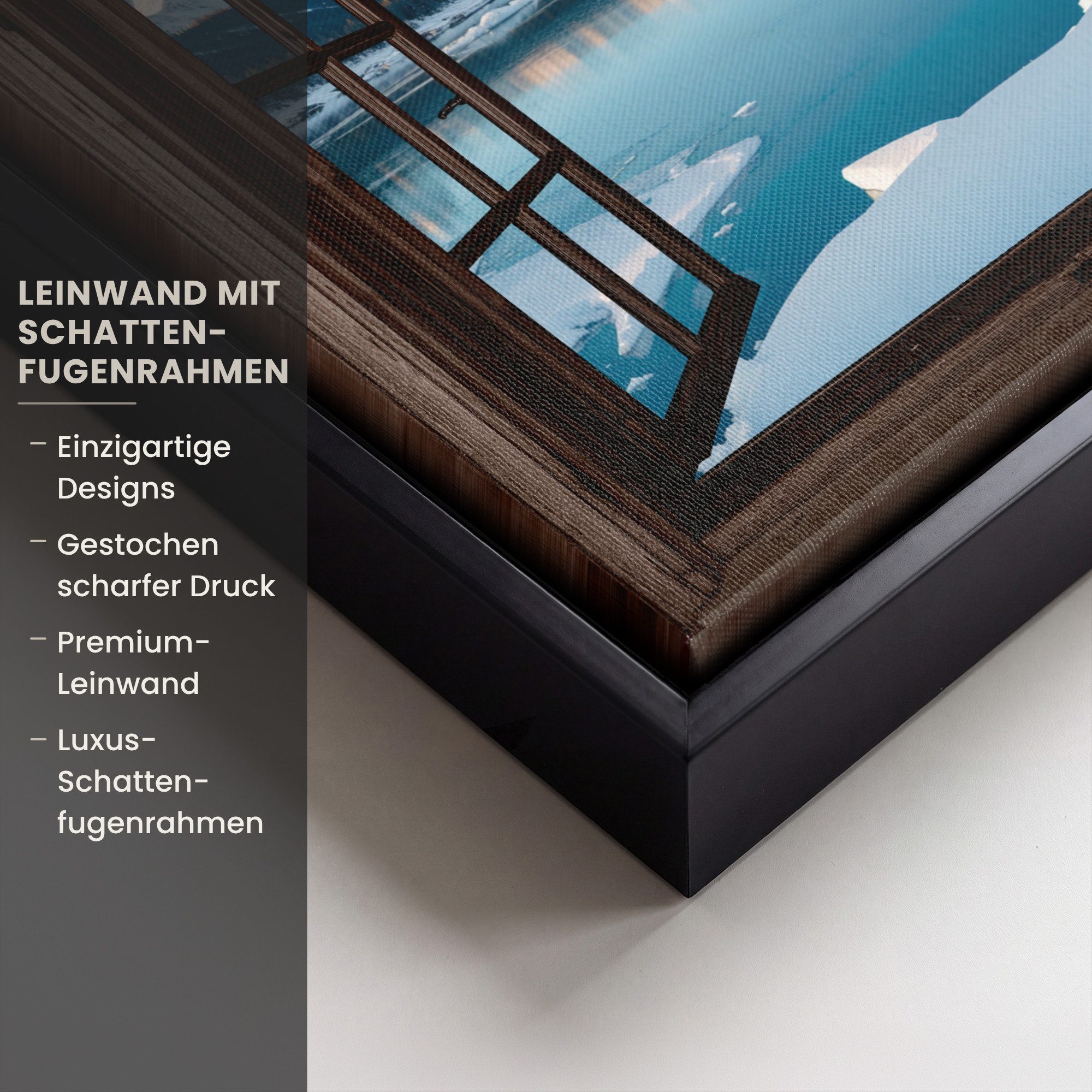 OneMillionCanvasses® Leinwandbild mit Rahmen - Durchblick - Winterlandschaft - See - Berge - Ausblicke, Fotodruck (1 St), Leinwand Bilder Klein, Wand Dekoration Aesthetic 20x20cm