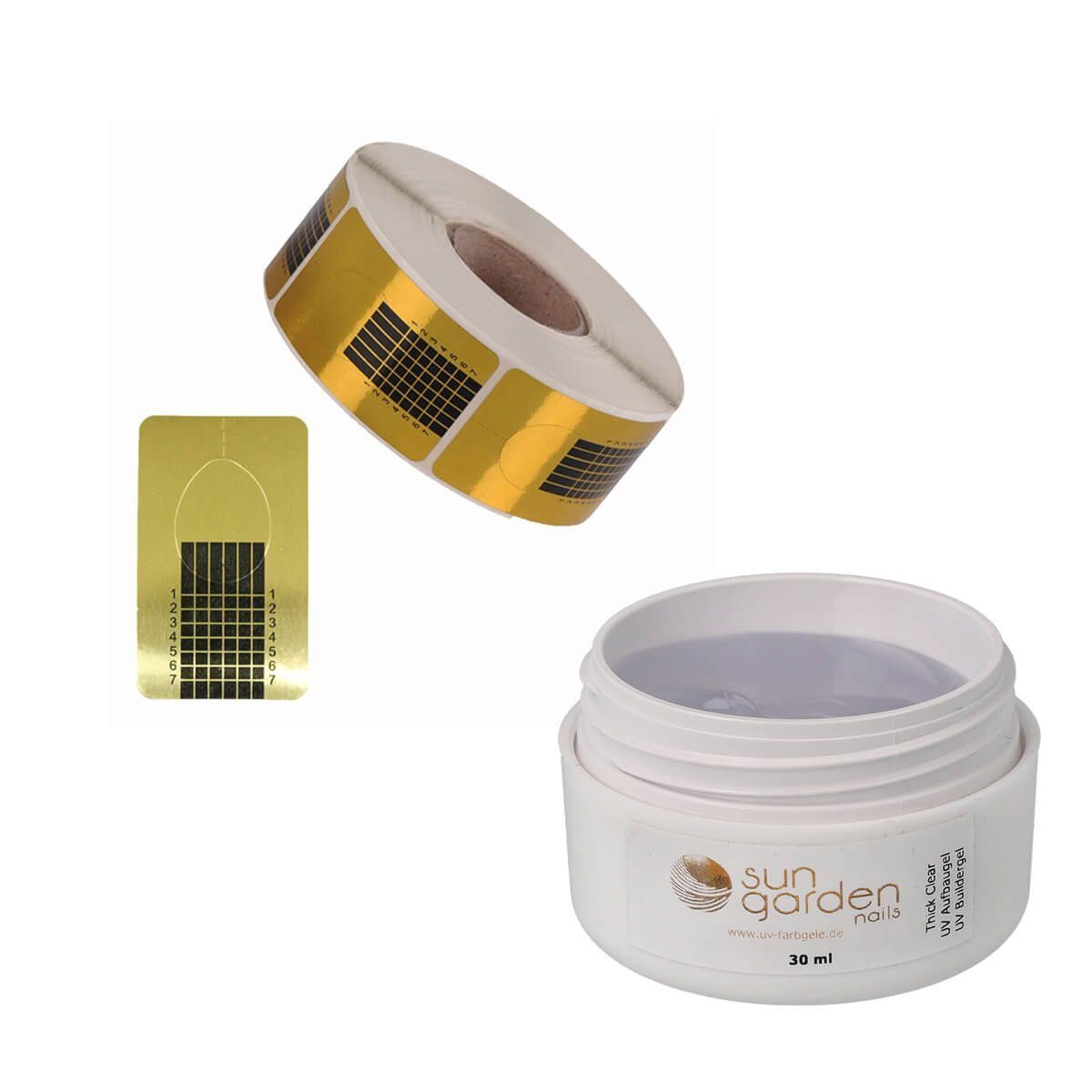 Sun Garden Nails UV-Gel 30 ml UV Gel Thick Clear Aufbaugel + Modellierschablonen 500 Stk.