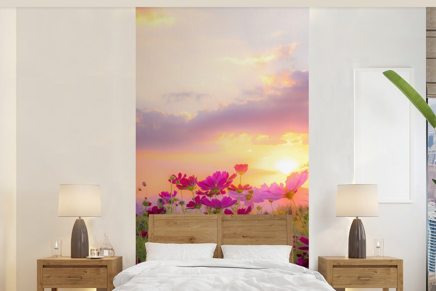MuchoWow Fototapete Sonnenuntergang - Blumen - Rosa - Natur - Grün, Matt, bedruckt, (2 St), Vliestapete für Wohnzimmer Schlafzimmer Küche, Fototapete