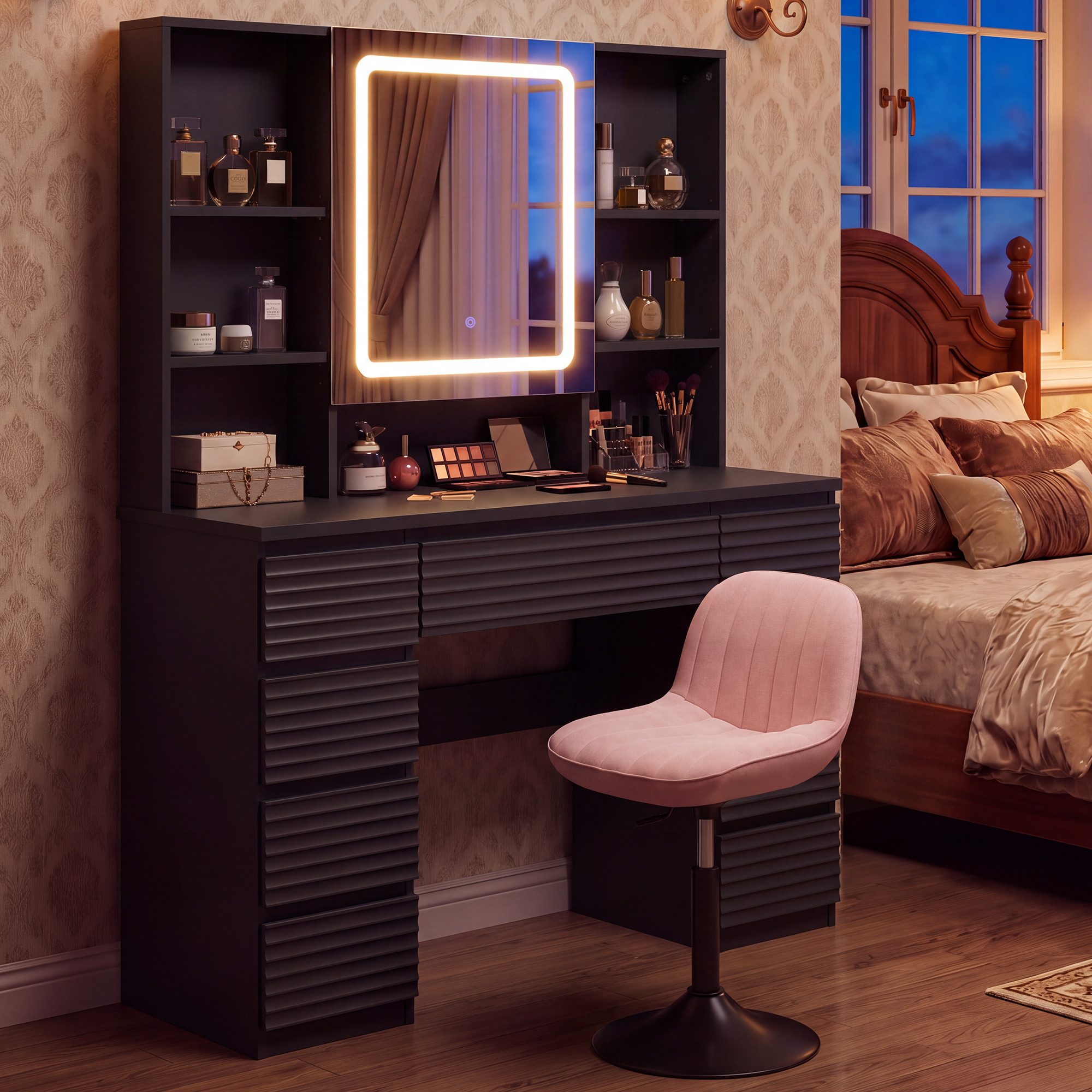 HOMALL Schminktisch LED-Schminkspiegel, schwarz-weißer Schminktisch und Hocker im Set (Kombination aus 9 Schubladen, 7 offenen Fächern und Stauraum hinter dem Spiegel, Maße: 108 x 40 x 146 cm, mit 2 Steckdosen, 1 USB-Anschluss und 1 Typ-C-Anschluss sowie einer Halterung für den Föhn, wahlweise in Weiß, Schwarz oder als Set mit Hocker erhältlich)