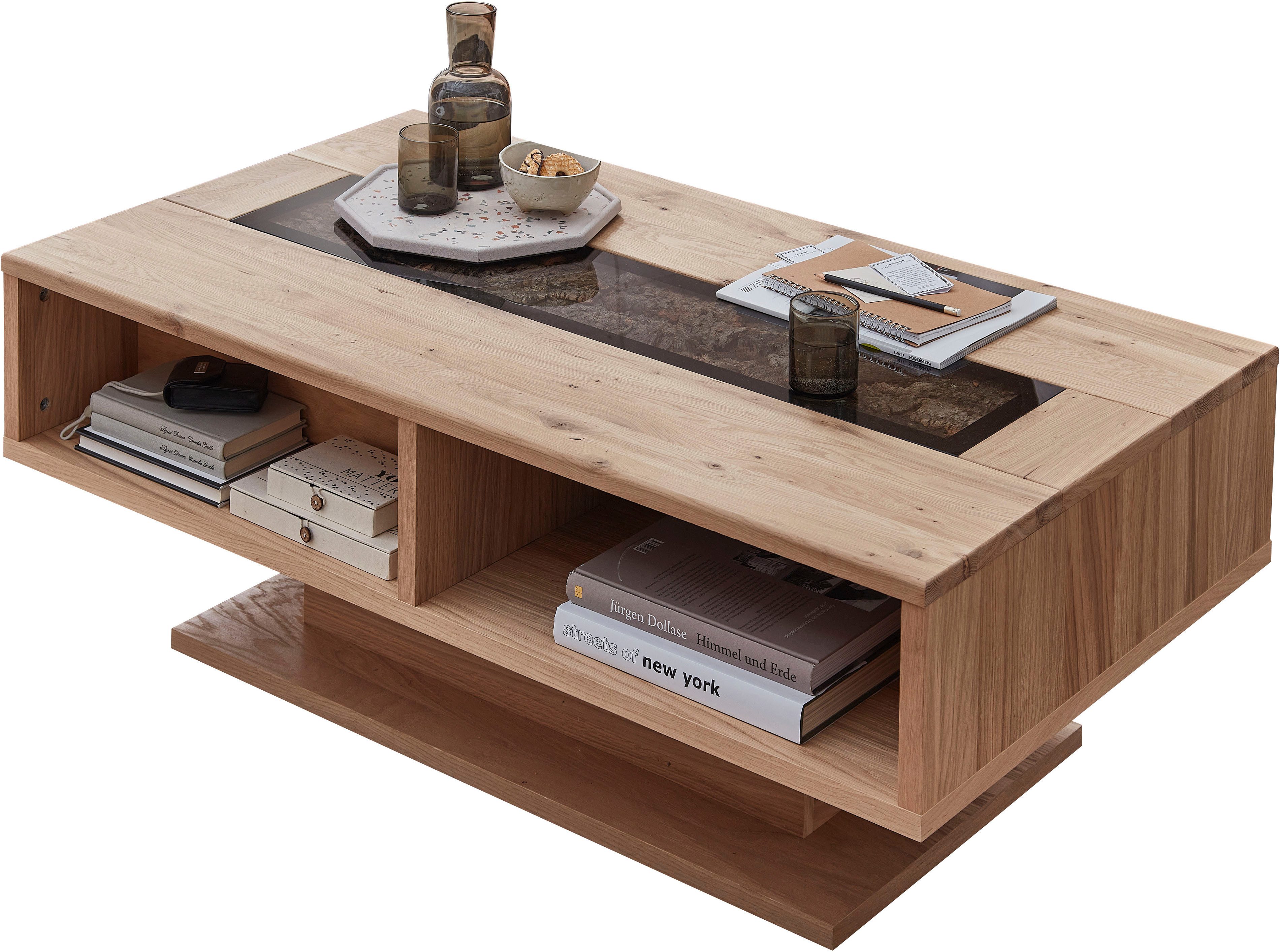 Innostyle Couchtisch Donna Couchtisch, 115x43x65 (BxHxT) (1-St), Massivholz, Absetzung Echtkork gerundet, 4 offene Fächer