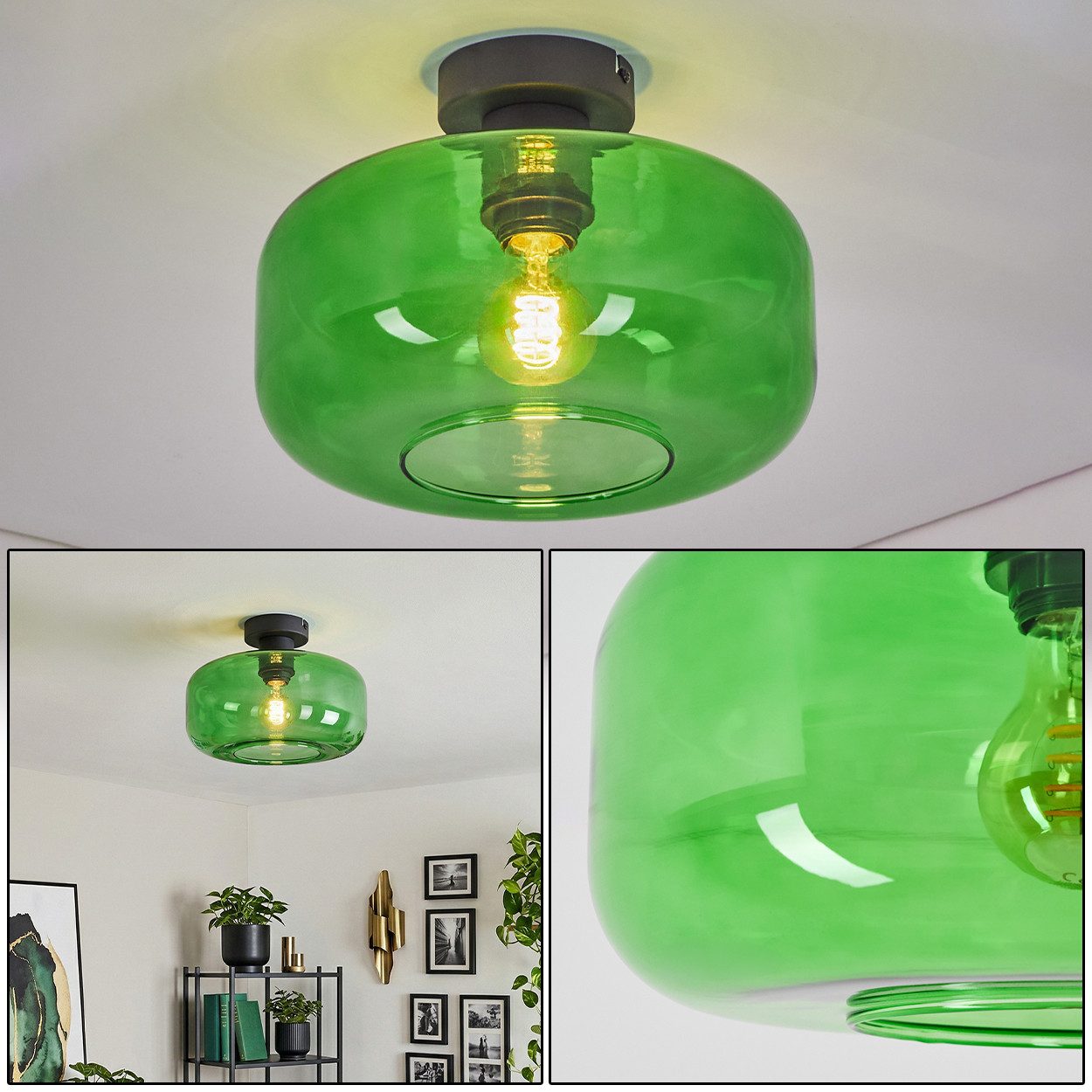 hofstein Deckenleuchte Deckenlampe aus Metall/Glas in Schwarz/Grün, Deckenleuchte im Retro/Vintage-Design, Ø 28 cm, Höhe 21 cm, E27