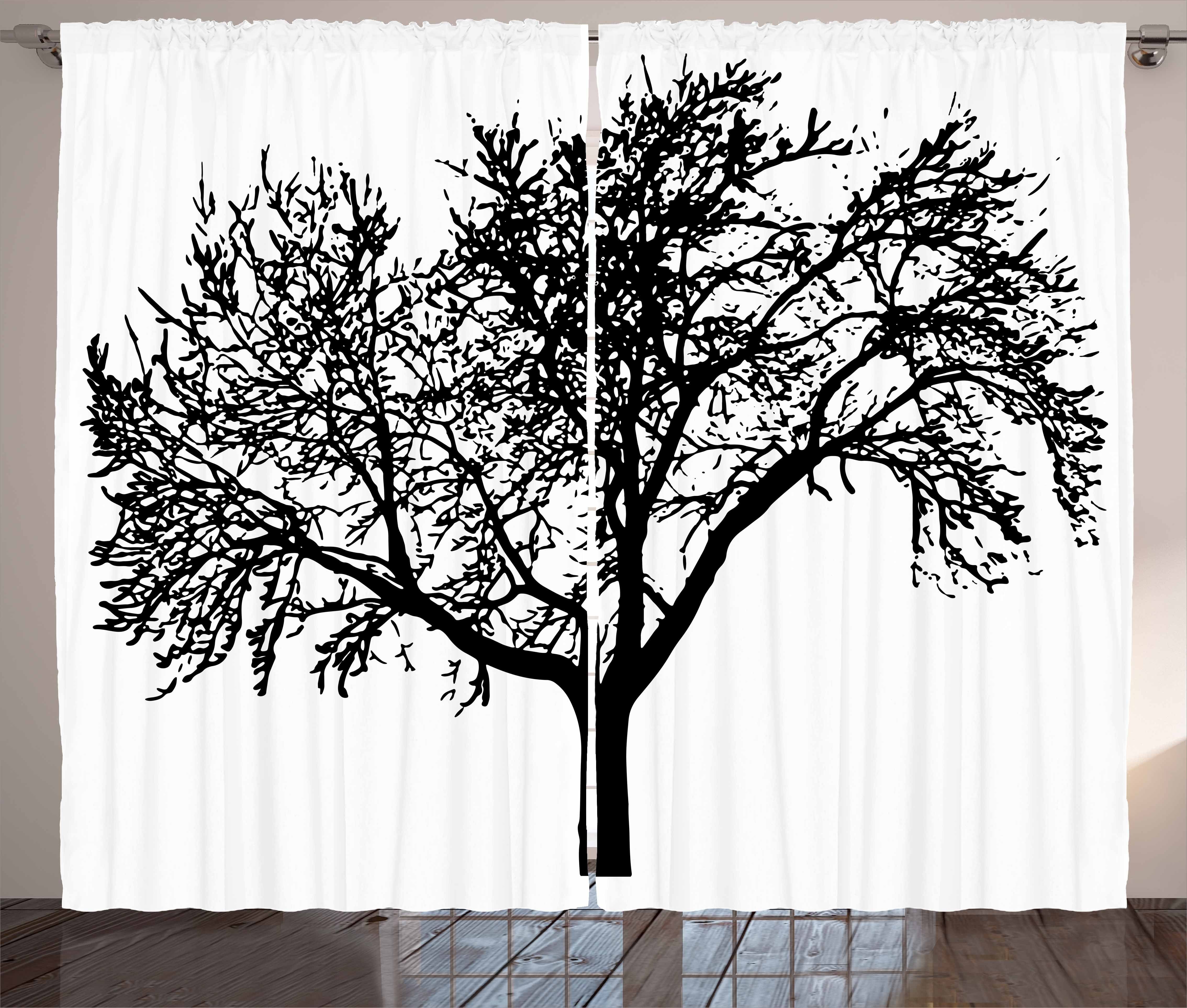 Gardine Schlafzimmer Kräuselband Vorhang mit Schlaufen und Haken, Abakuhaus, Baum Kahle Zweige Silhouette Kunst