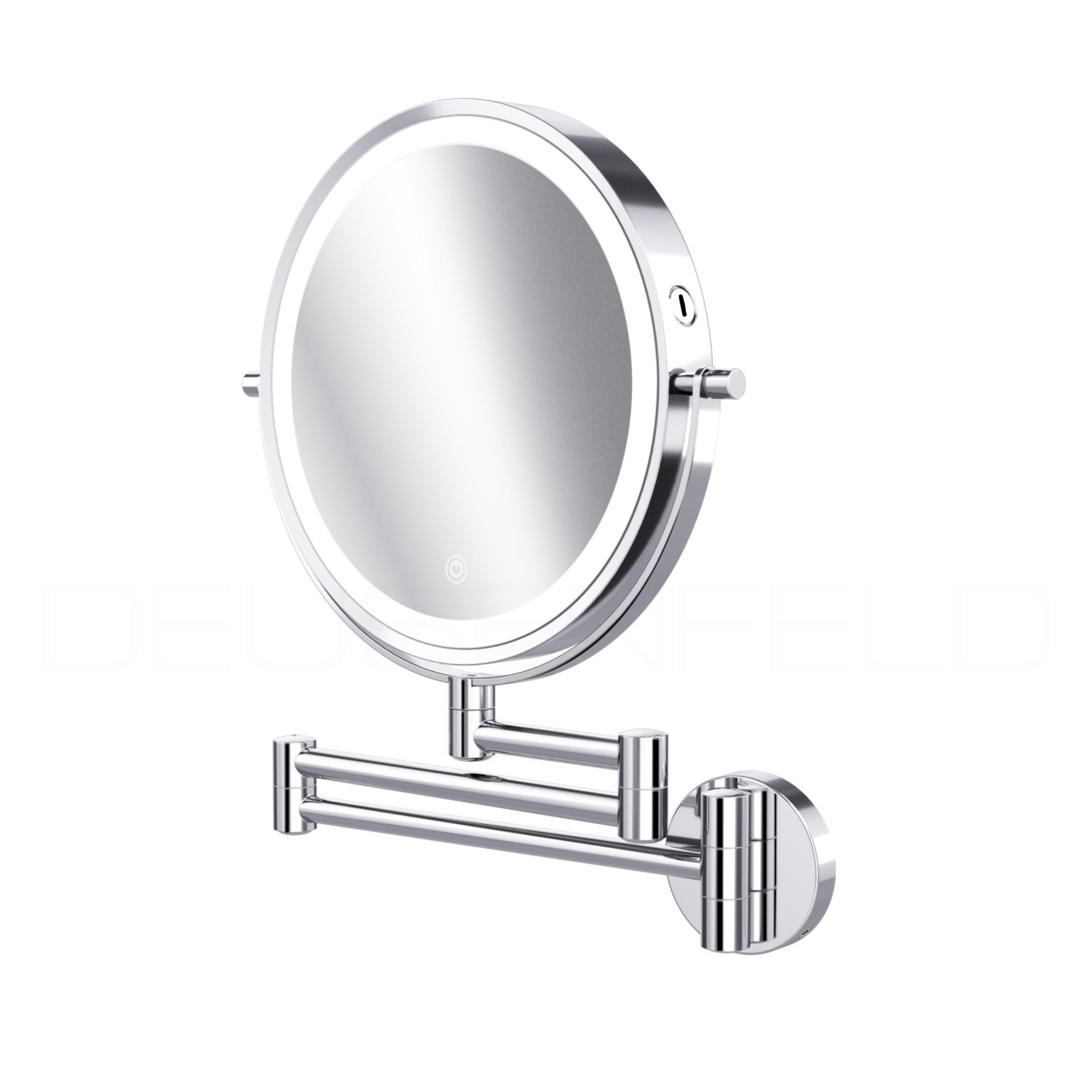 DEUSENFELD Kosmetikspiegel Wand-Akku-Doppel-LED WL53CA / WL73CA / WL103CA (5x/7x/10x Vergrößerung + Normalspiegel, 10Min Abschalttimer, Dimmer, 3 Lichtfarben, 3000mAh Akku, USB-C), 3-Fach Gelenkarm, 49cm Ausladung !