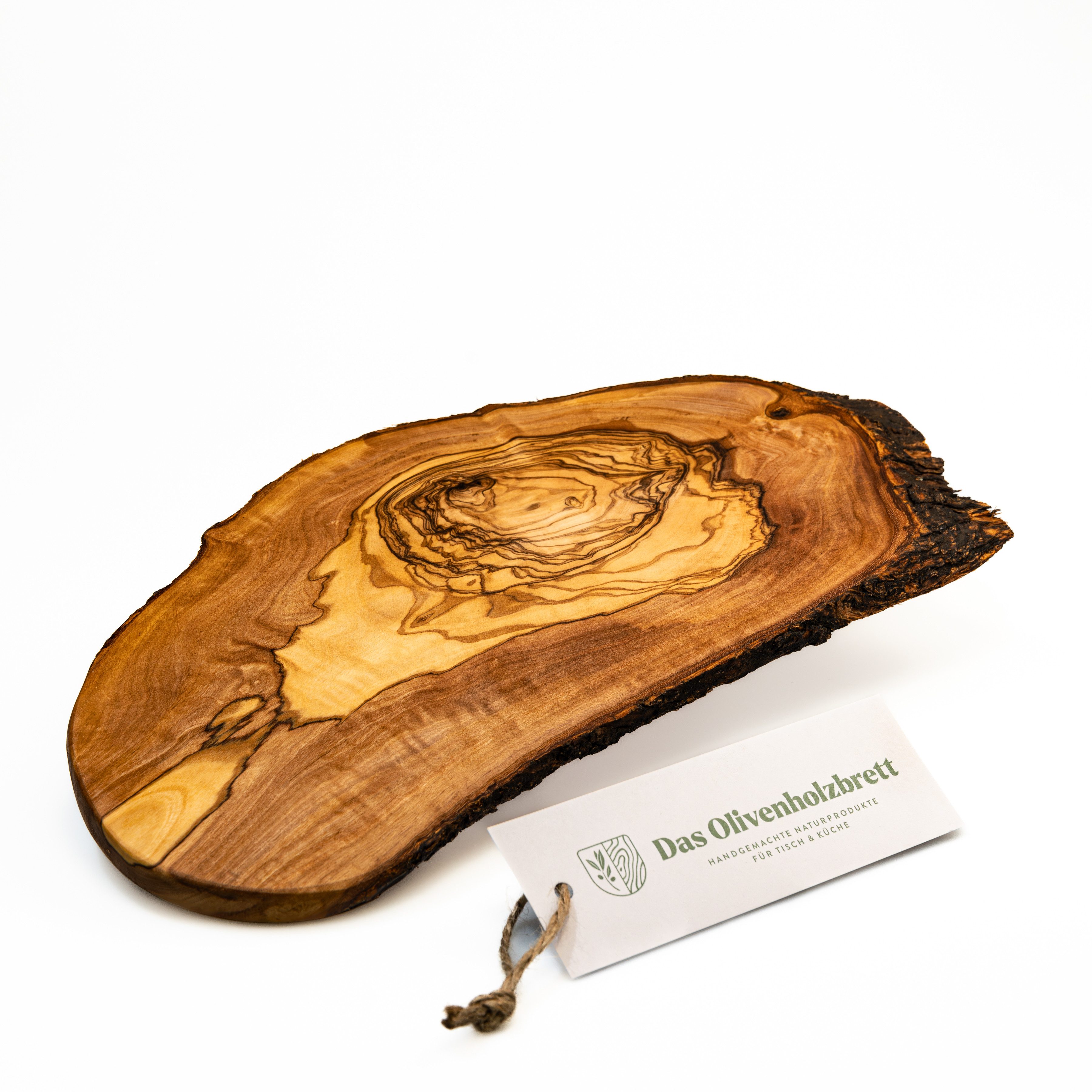 dasOlivenholzbrett Käsebrett Rustikales Servierbrett aus Olivenholz im Baumschnitt mit Rindenanteil, Holz