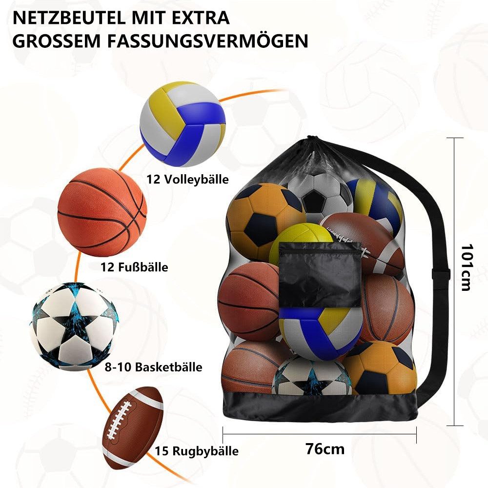 TUWENA Balltasche Extra Große Ballnetz, Tasche aus Netzgewebe, Tragbare Sports Ballnetz, Mit Kordelzug Schultergurt für Fußball Basketball Volleyball Rugbyball