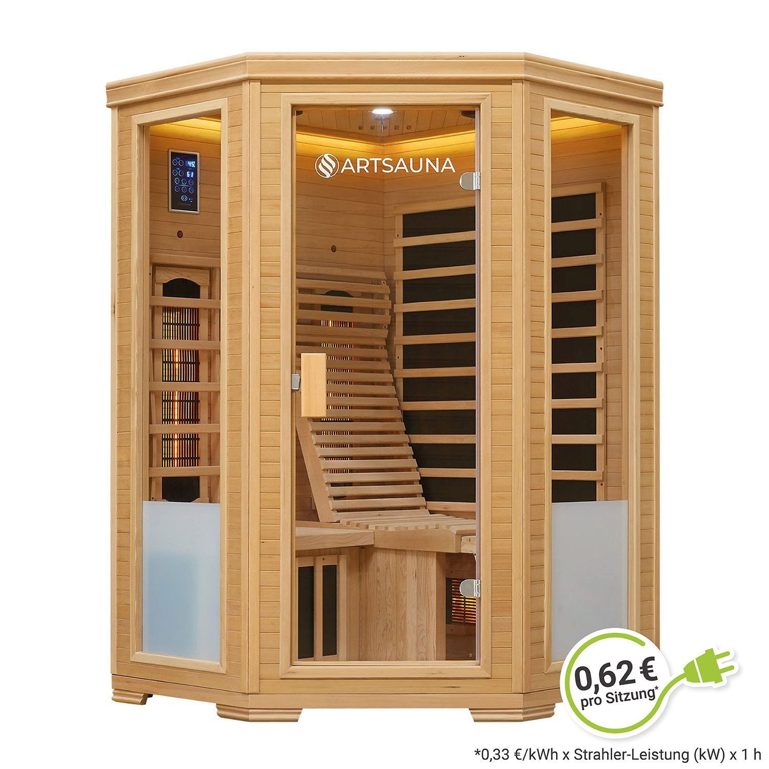 Artsauna Infrarotkabine Aalborg Dual-Technologie, für 2 Personen, Hemlockholz, HiFi-System, Ionisator, LED-Farblicht
