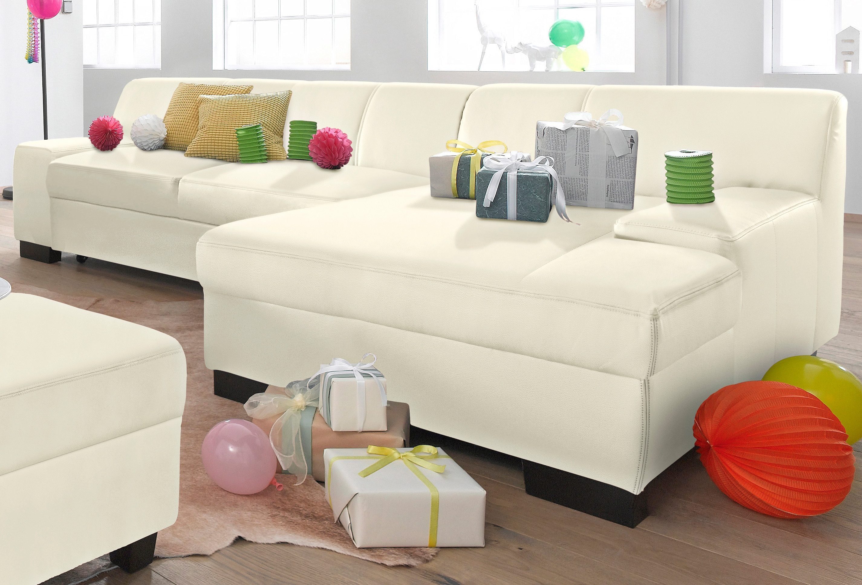 DOMO collection Ecksofa Norma, elegant & modern, mit flachen Armlehnen, Breite 268cm, L-Form, wahlweise mit Bettfunktion