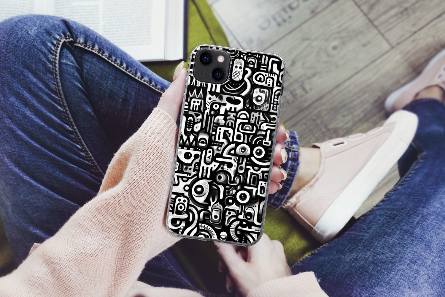 MuchoWow Handyhülle für Apple iPhone 13 mini Symbole - Abstrakt - Grafik - Schwarz, Smartphone-Bumper, Print, Handy Schutzhülle Dünn