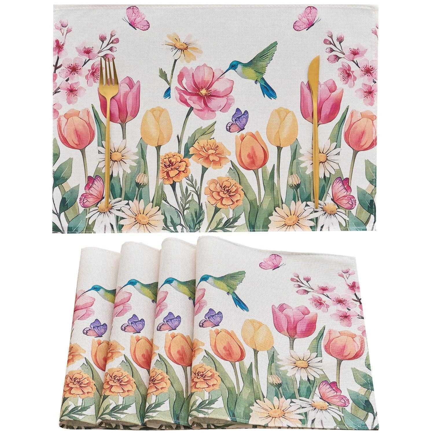 LuxusKollektion Platzset Platzset 4er Set Tulpen Blumen 45x32cm Stoff Wasserfest, (4-St)